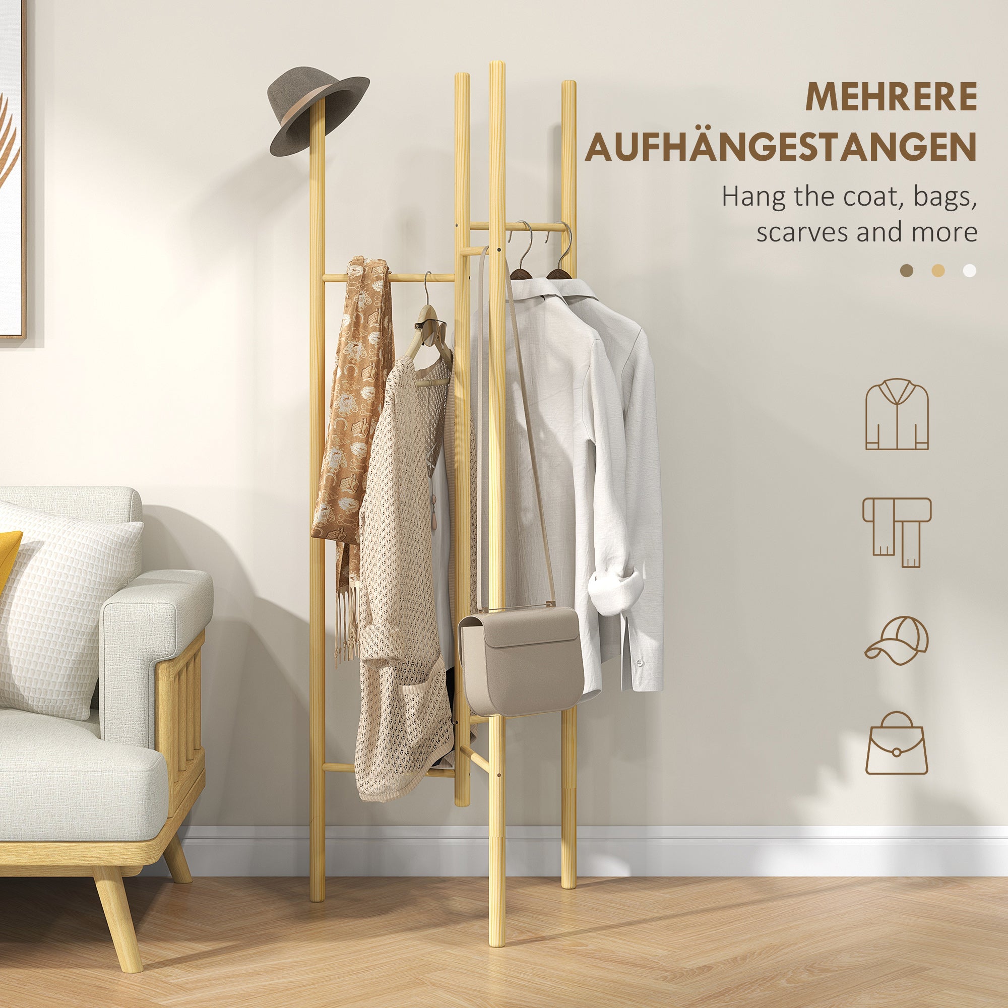 HOMCOM Kleiderständer, platzsparend, 5 kg Belastung, 62x52,5x160cm, Natur
