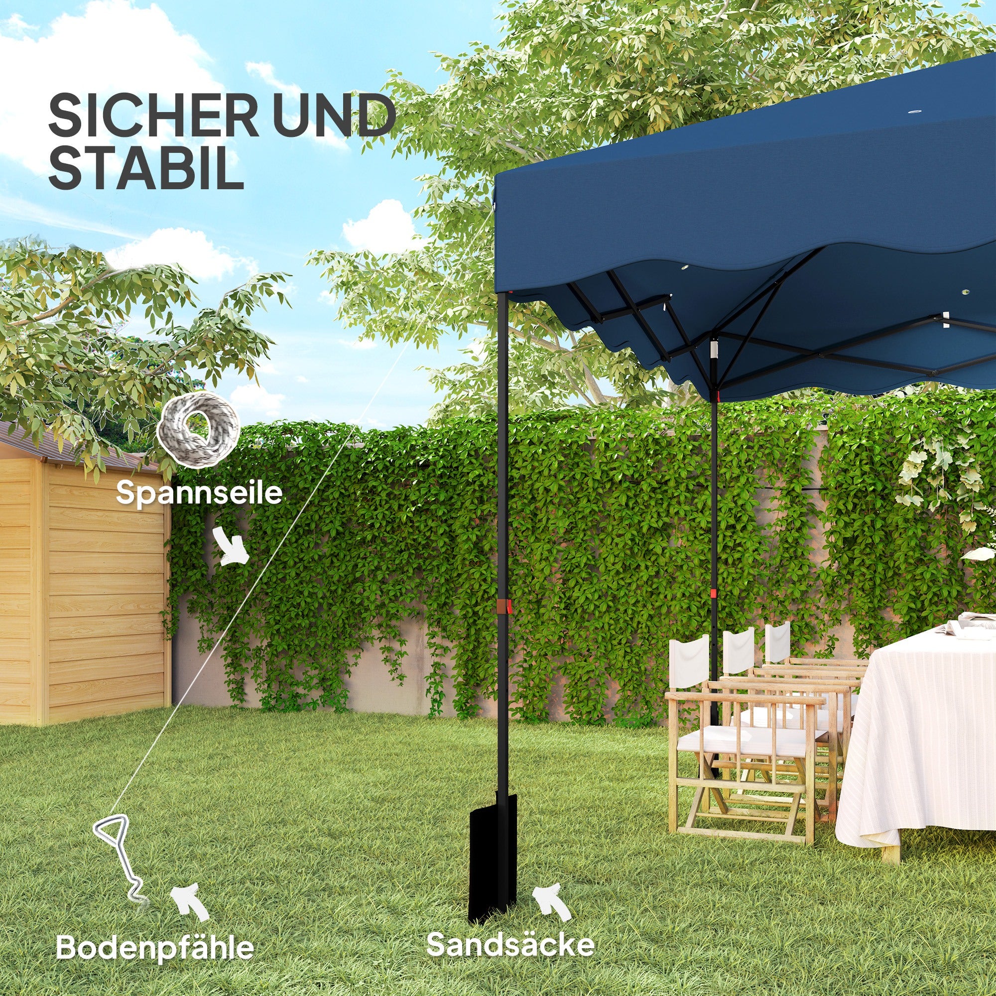 Outsunny 3 x 3 m Pop-up-Pavillon, Höhenverstellbares Gartenzelt, mit Rolltasche, für Garten, Terrasse, Metall, Stoff, Dunkelblau