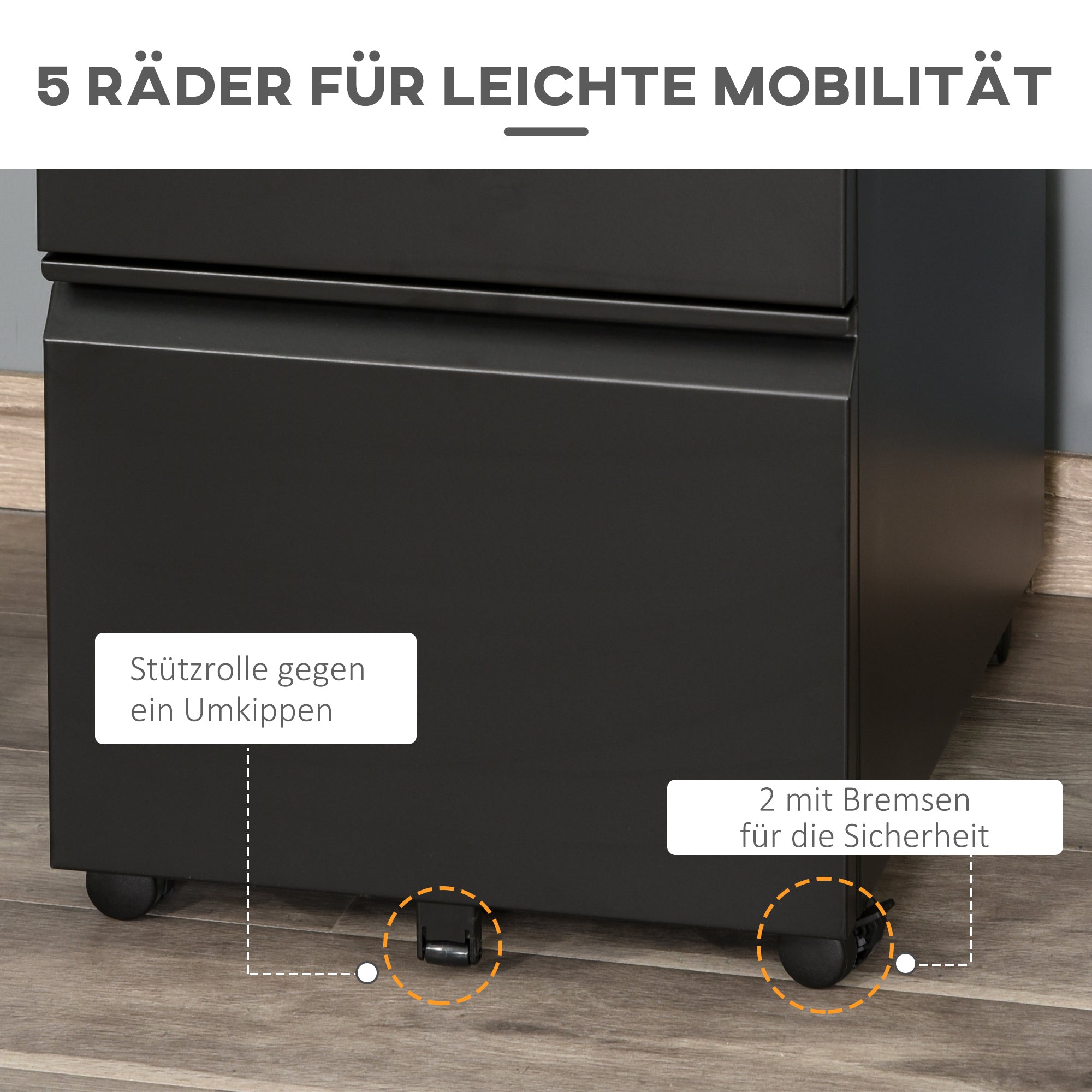 Vinsetto Rollcontainer, 3 Schubladen, 5 Räder, Hängeregister, abschließbar, Stahl, schwarz 39 x 48 x 60 cm
