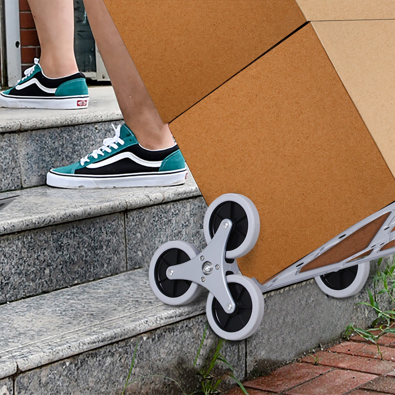 DURHAND Klappbarer Treppensteiger mit 6 Rädern, inkl. Befestigungsgurt, automatische Klappfunktion, Silber + Schwarz