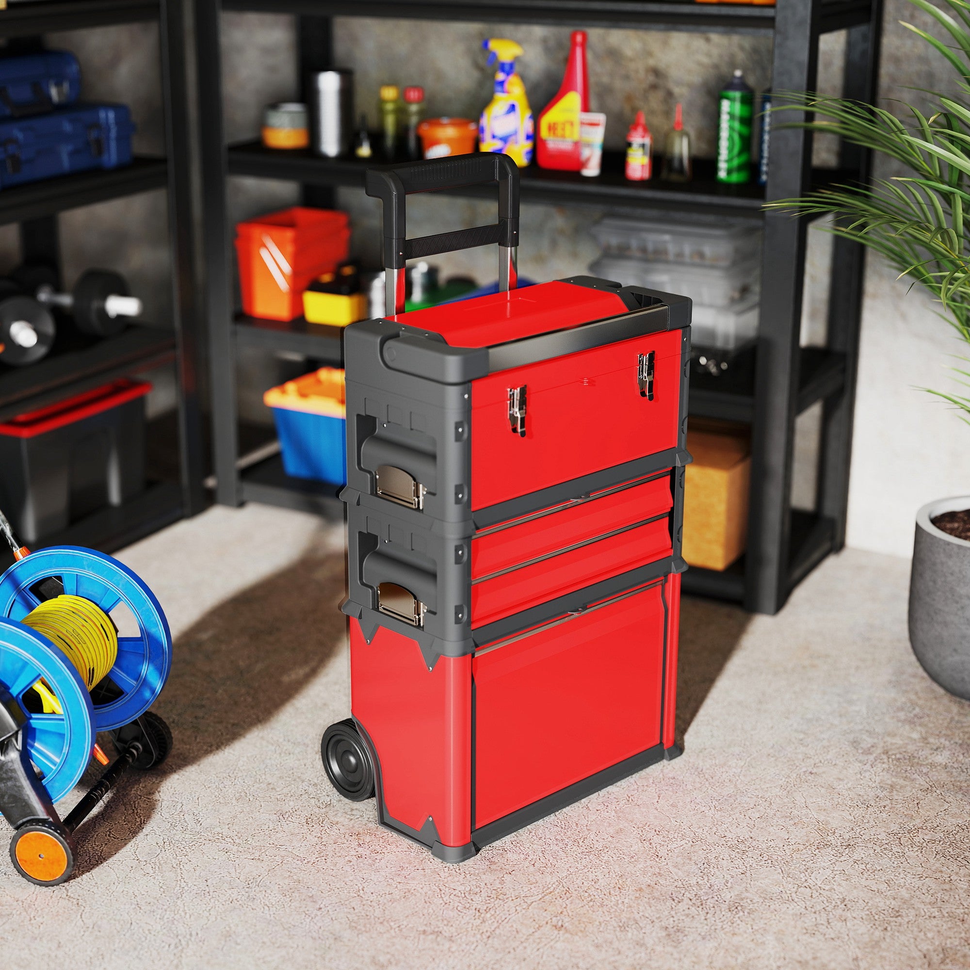 HOMCOM 3-stufiges Werkzeugkasten-Set, mit Rädern, ineinandergreifend, Stahl, Kunststoff