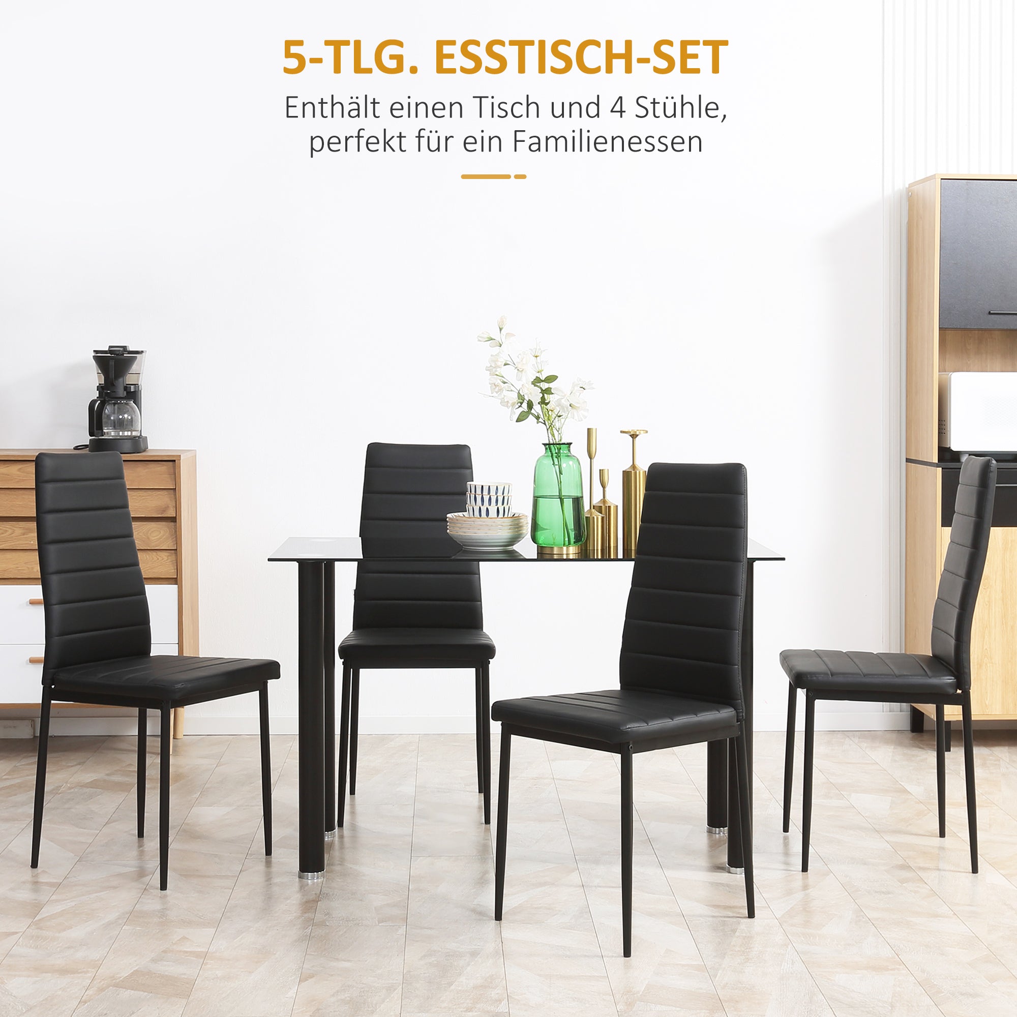 HOMCOM 5-tlg. Essgruppe Sitzgruppe Esstisch mit 4 Stühlen, modernes Design, Glastisch, Schwarz