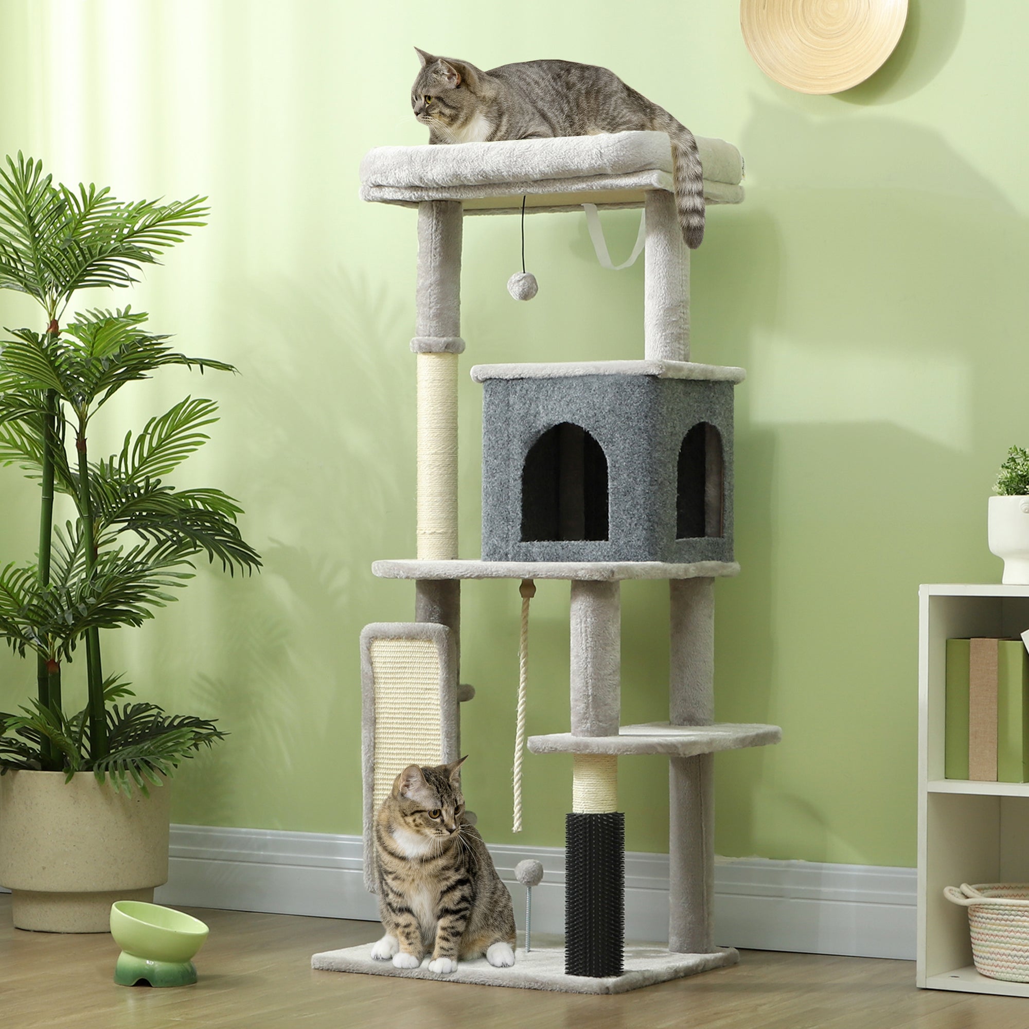 PawHut 132 cm Katzenbaum mit Kratzpfosten, Bett, Haus, Sprungplattformen, Pflegebürste, Hellgrau