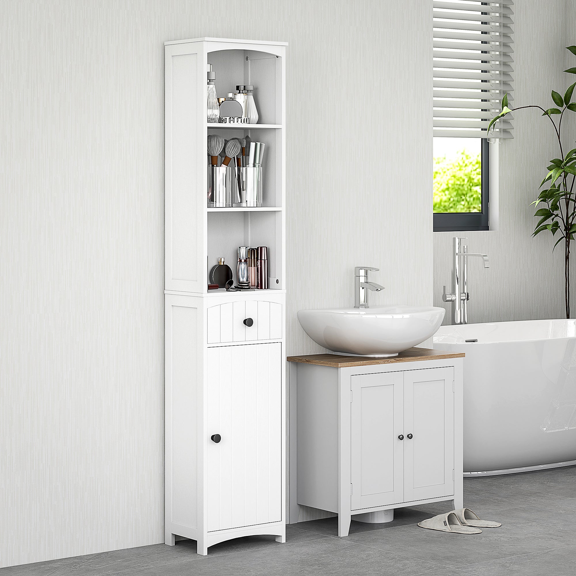 HOMCOM Badezimmerschrank mit 3 Regalen, 1 Schublade, robust, MDF, Weiß