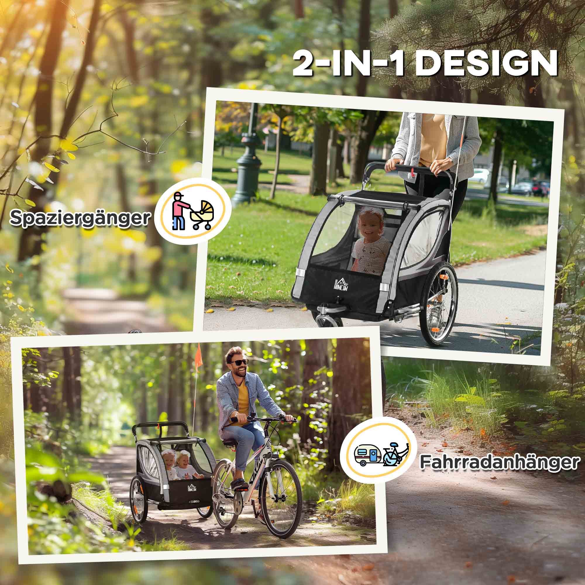 HOMCOM Kinderfahrradanhänger, Schiebewagen, mit Bremsen, klappbar, für 2 Kinder, Grau/Schwarz