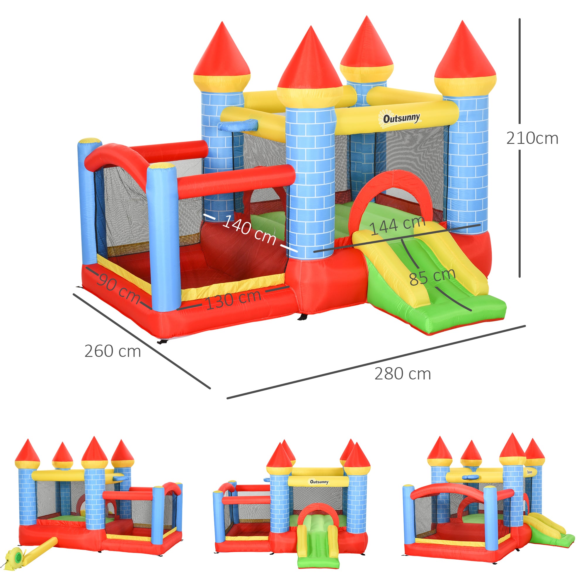 Outsunny Aufblasbare Hüpfburg mit Rutsche Pool für 3 Kinder Burg mit Gebläse für 3-8 Jahre Rot+Blau+Grün 280 x 260 x 210 cm