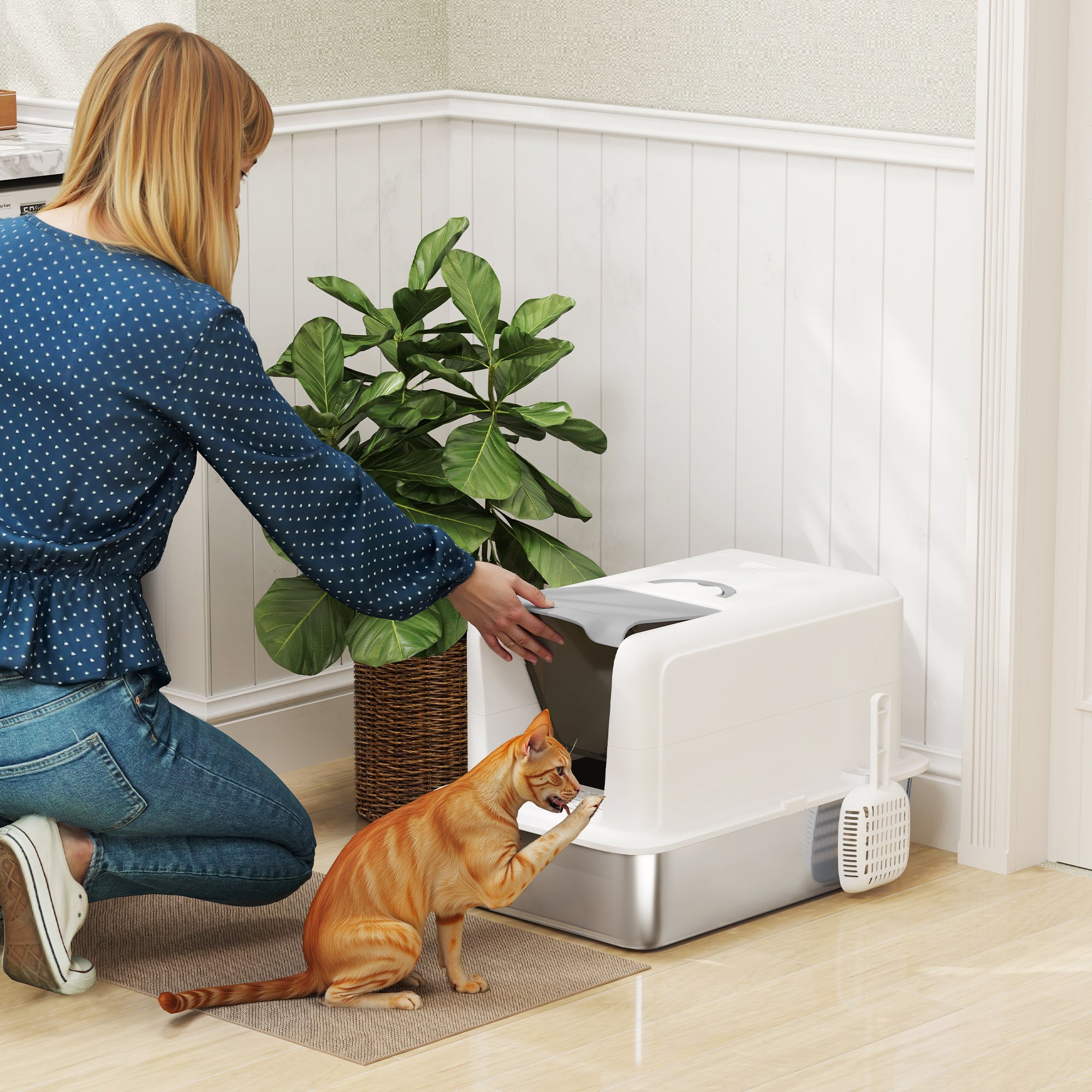 PawHut Katzentoilette, Wanne aus Edelstahl, Filter, Schaufel, für Katzen bis 6 kg, 40,5 x 60,5 x 41,5 cm, Weiß/Silber