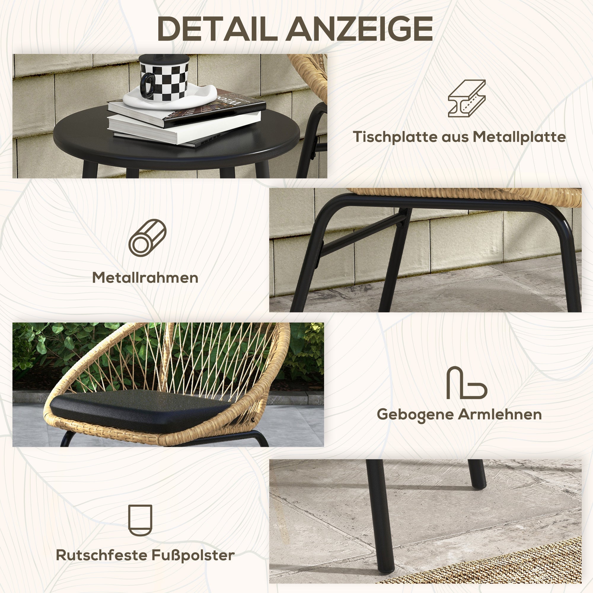 Outsunny Rattan Terrassengarnitur, Gartenmöbel-Set, 2 Sessel & Tisch, Gelb