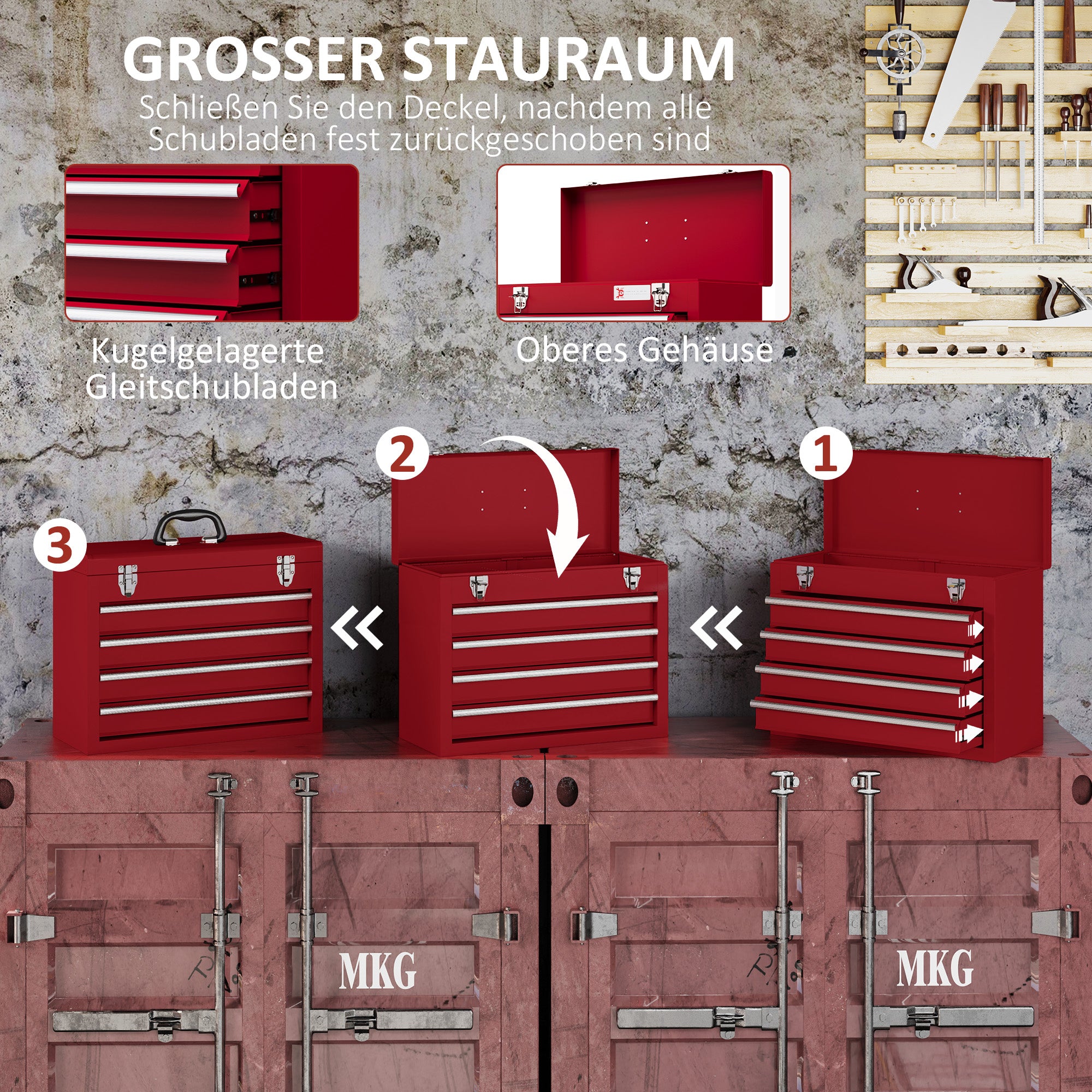 DURHAND Werkzeugkiste mit 4 Schubladen, oberes Staufach, Stahlverschlüsse, Tragegriff, 51x22x39,5 cm, Rot