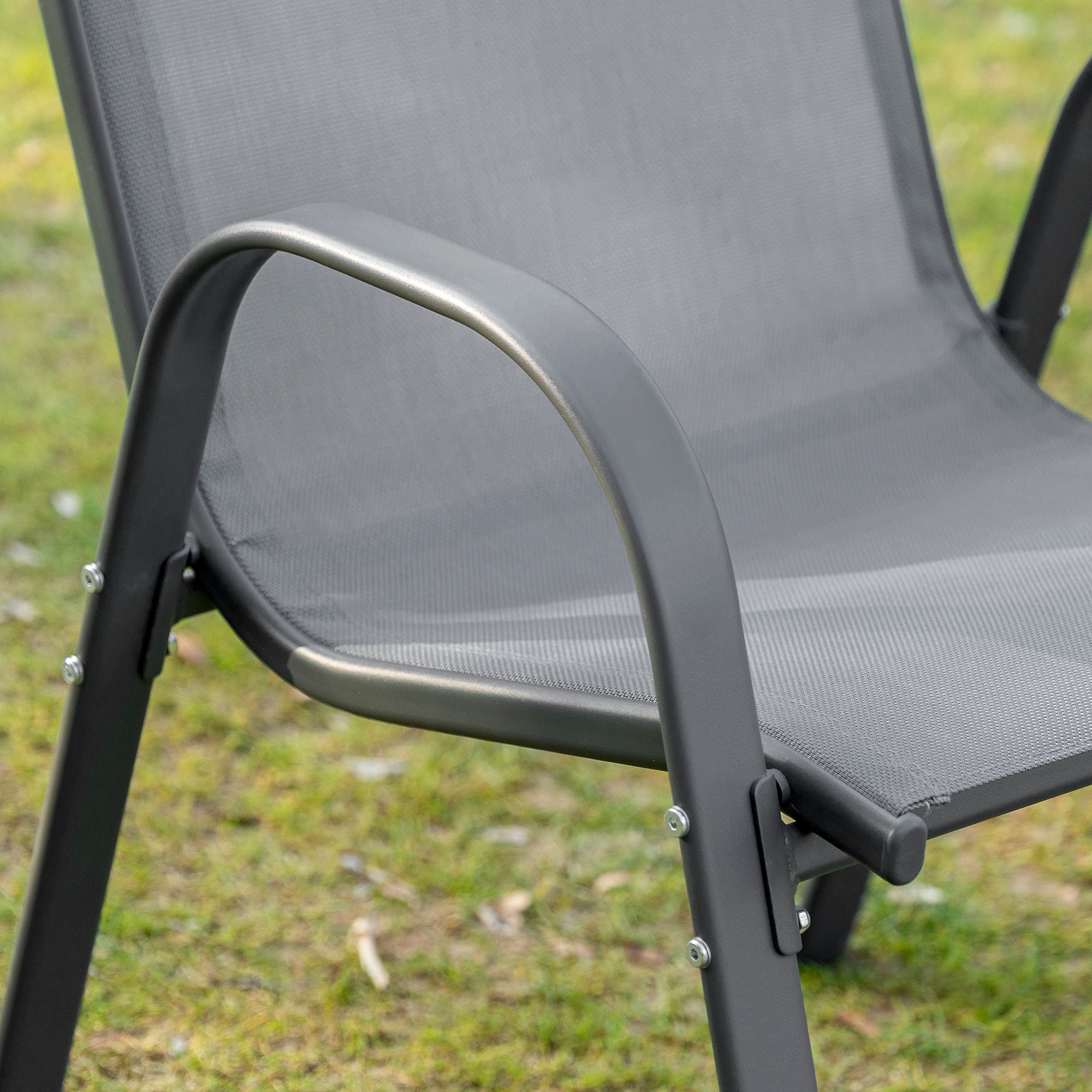 Outsunny Gartenstuhl 2er Set wetterfest Gartenstühle Stapelstuhl mit Armlehne Rückenlehne stapelbar Terrassenstuhl bis 120 kg belastbar Gartenmöbel für Hinterhof, Garten, Balkon Grau