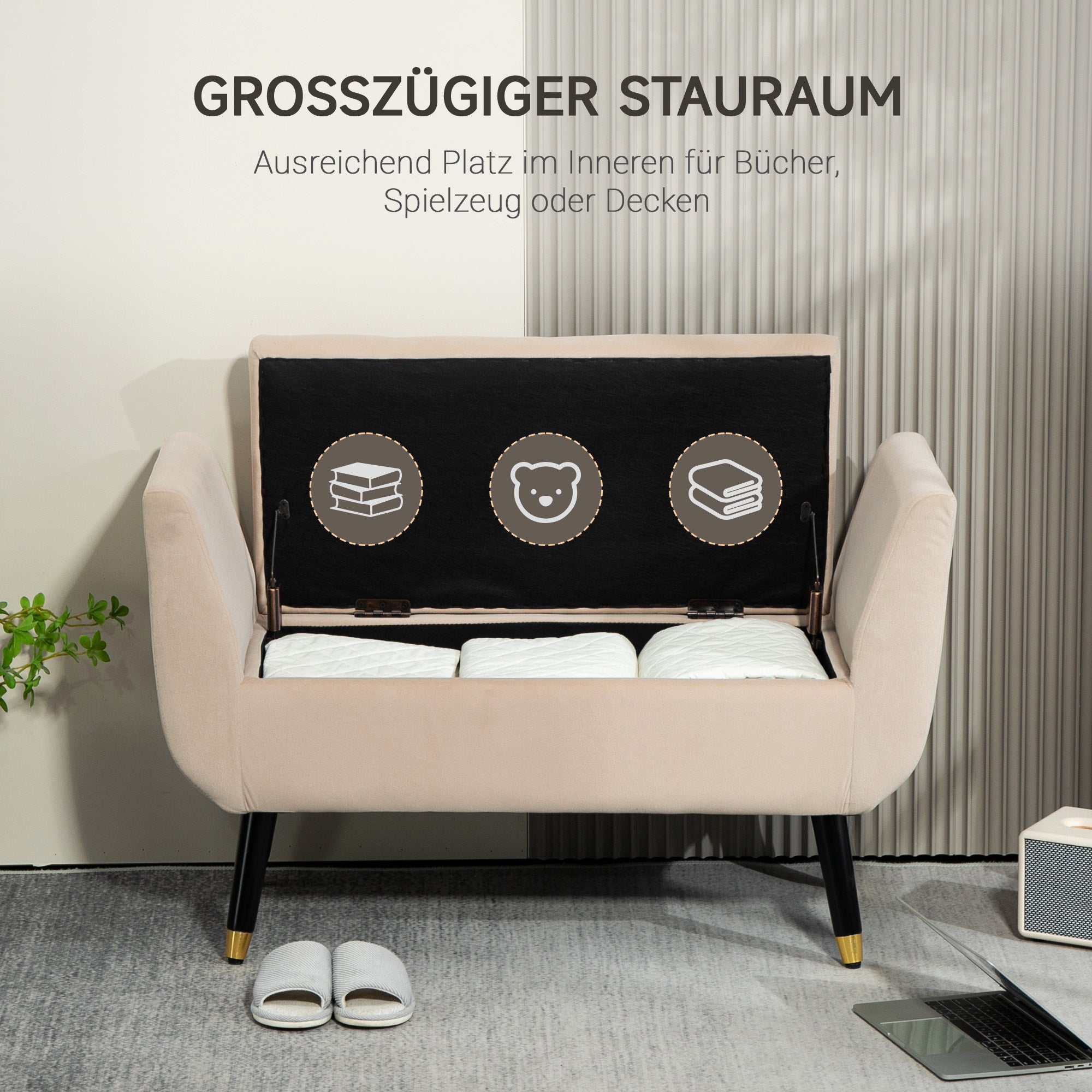 HOMCOM Polsterbank mit Stauraum, Armlehnen, Samtartiges Polyester, Kautschukholz, 107 x 42 x 65 cm, Beige