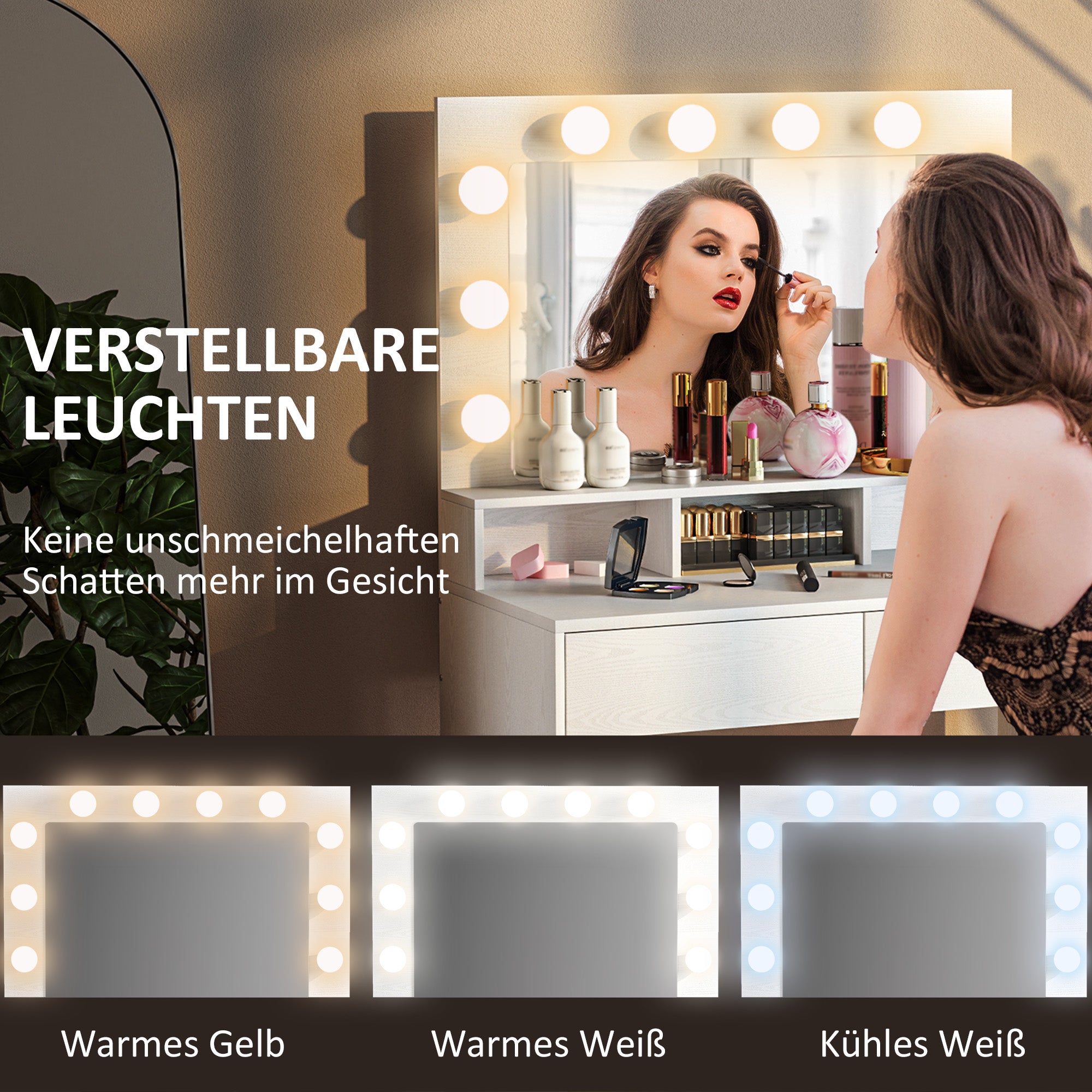 HOMCOM Frisiertisch mit beleuchtetem Spiegel, Schubladen, 3 Lichtoptionen, 10 Glühbirnen, moderner Schminktisch in Weiß