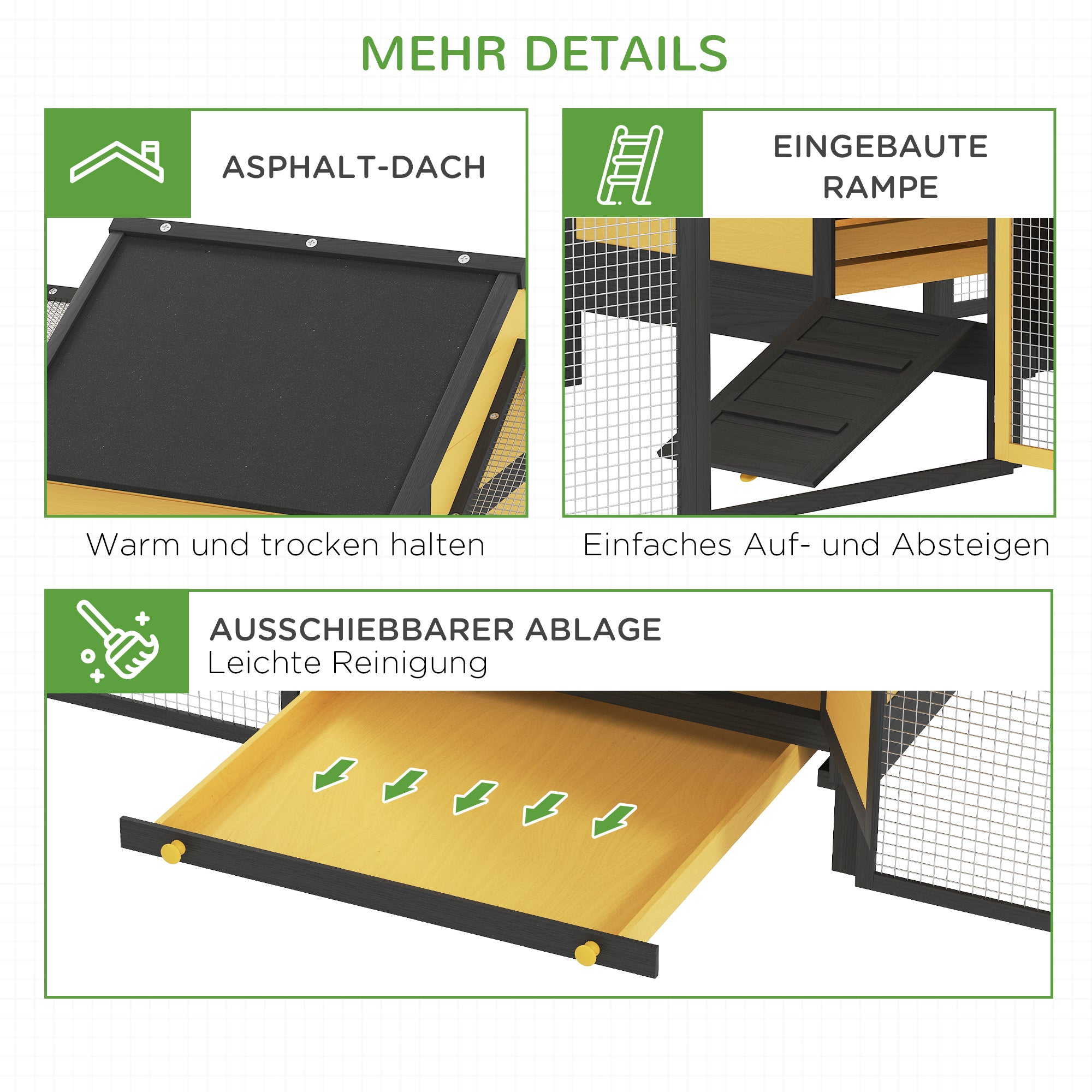 PawHut Hühnerstall Kleintierstall 2 Außengehege, 1 Nistkasten, 2 Rampen,Asphaltdach, wetterbeständig, Gelb