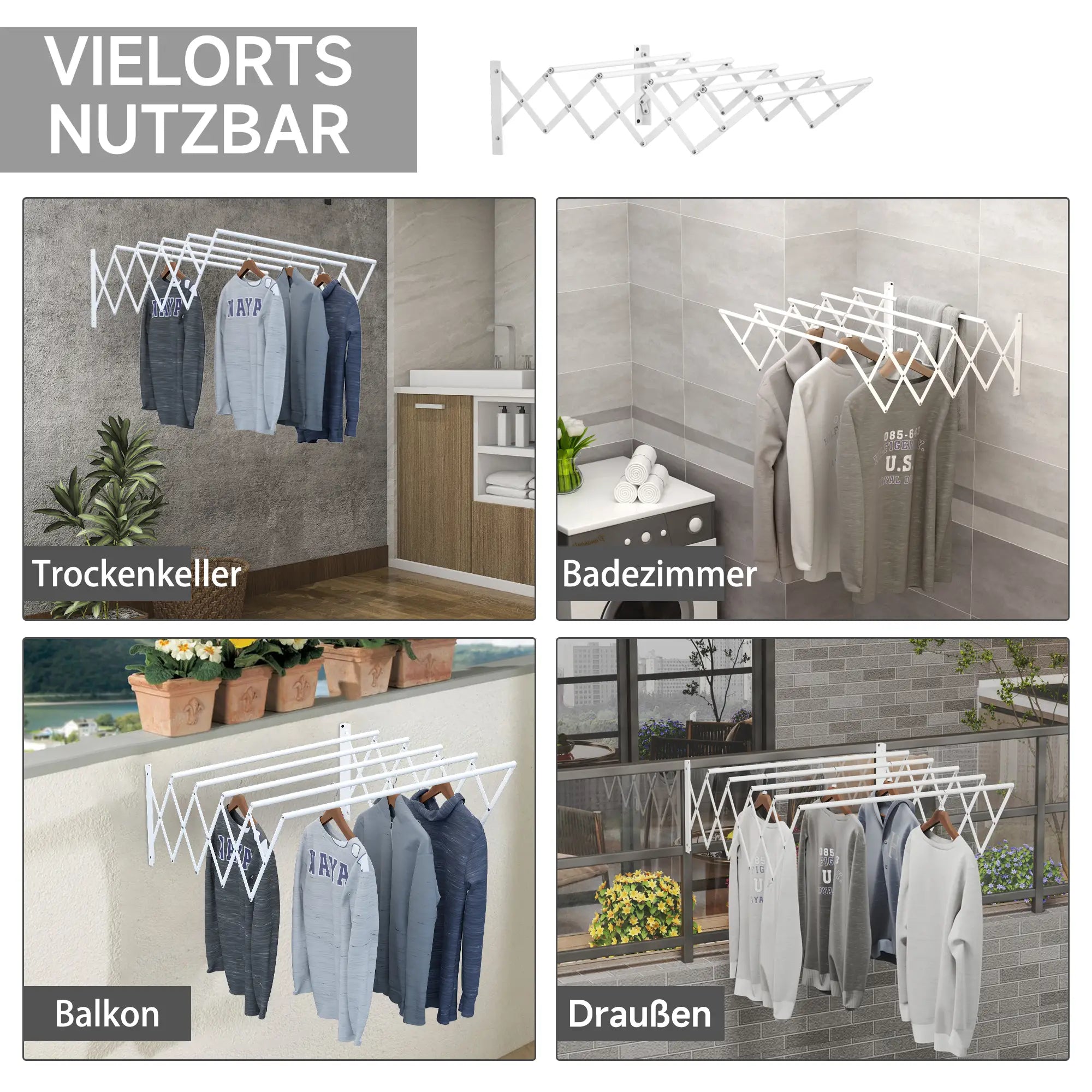 HOMCOM Wäscheständer für Wandmontage ausziehbar klappbar platzsparender Wäschetrockner, Wandwäschetrockner für Innen und Außen, Weiß, 63,5 x 60 x 20 cm