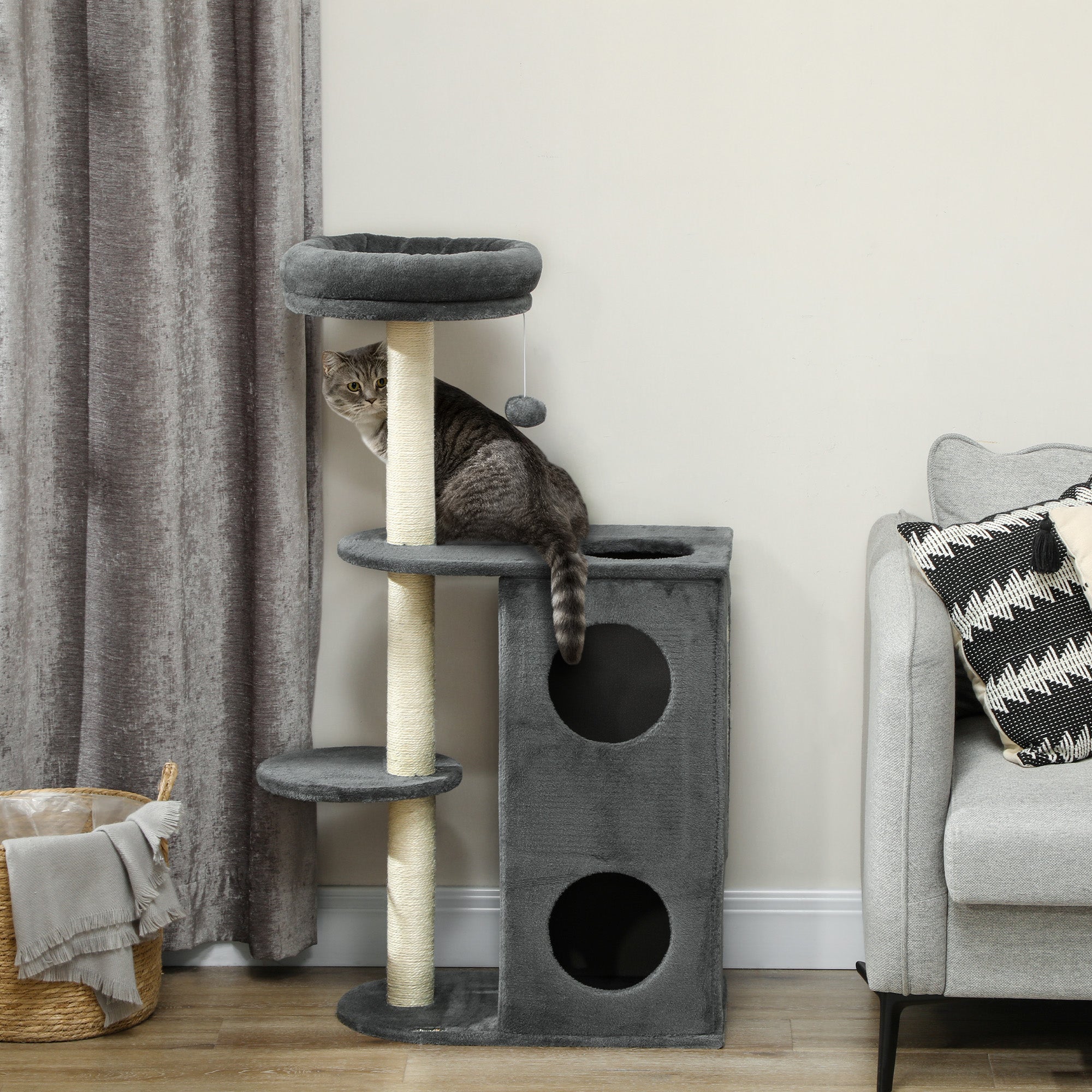 PawHut Kratzbaum 111?cm mit Höhle & Spielball Grau