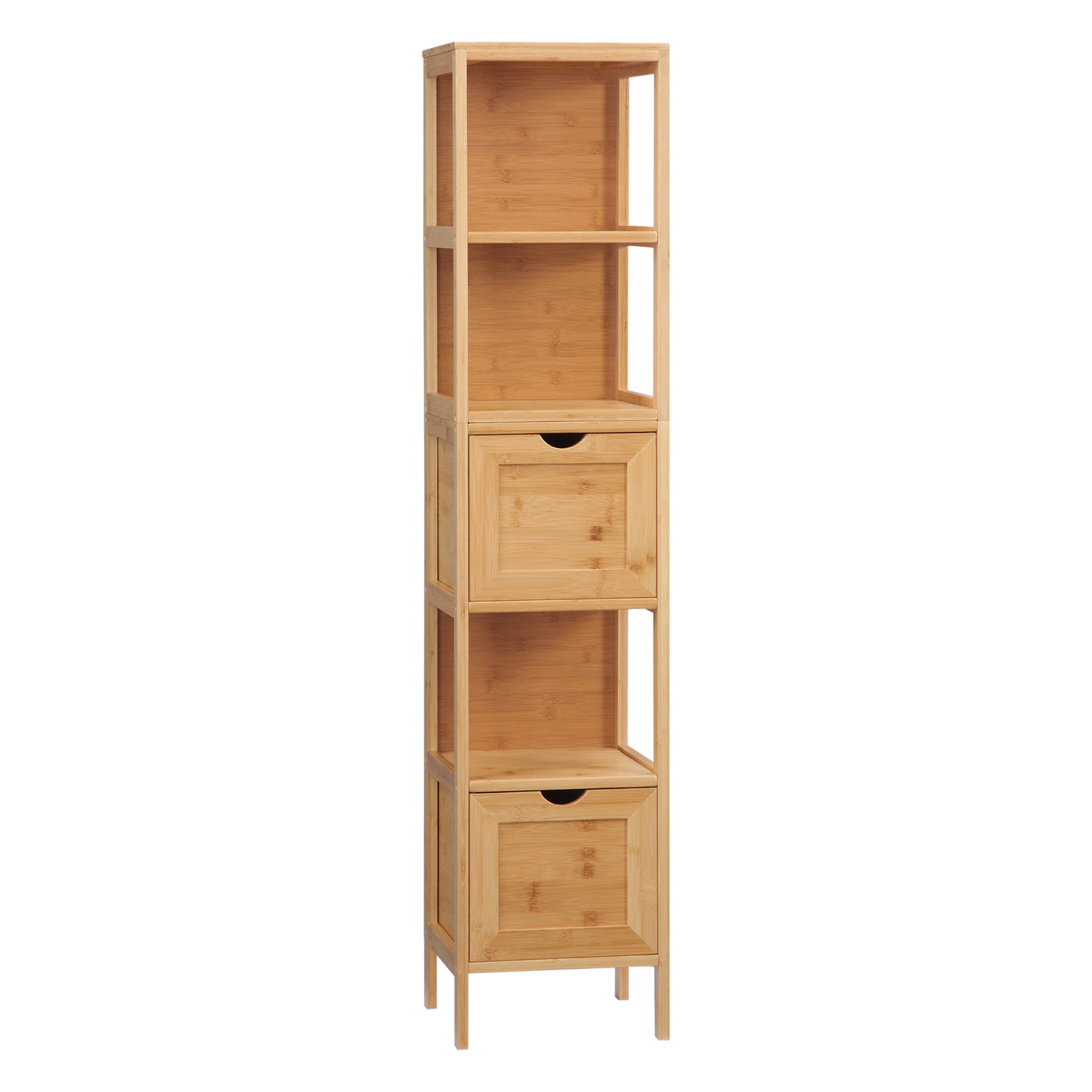 kleankin Badezimmerschrank, 3 Regale, 2 Schubladen, Bambus, 30 cm x 30 cm x 140 cm, Natur