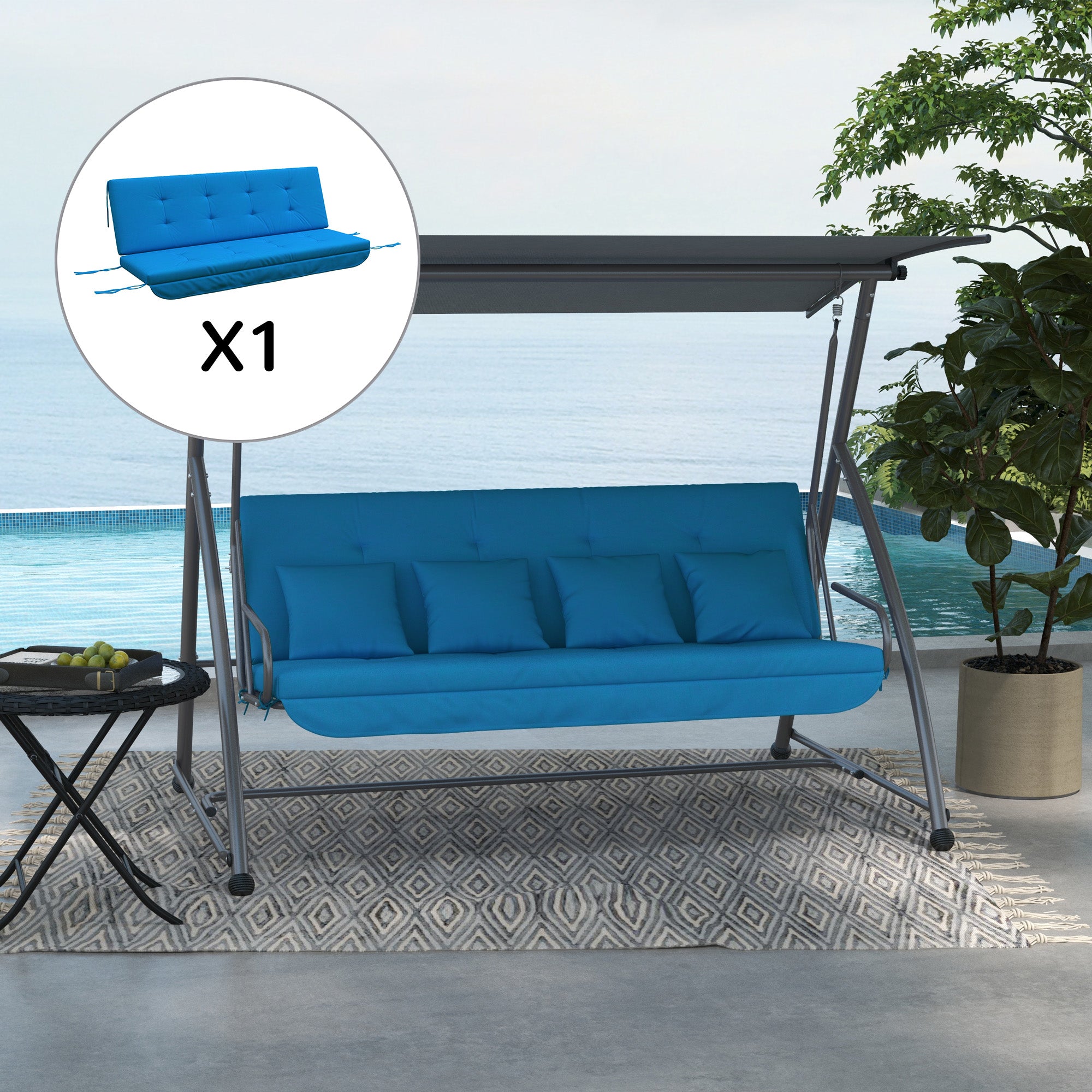 Outsunny Auflagen-Set für Hollywoodschaukel 170 cm Stuhlkissen Schaukelauflage Sitzkissen Gartenschaukel Gartenpolster Rückenkissen Seitenkissen Blau