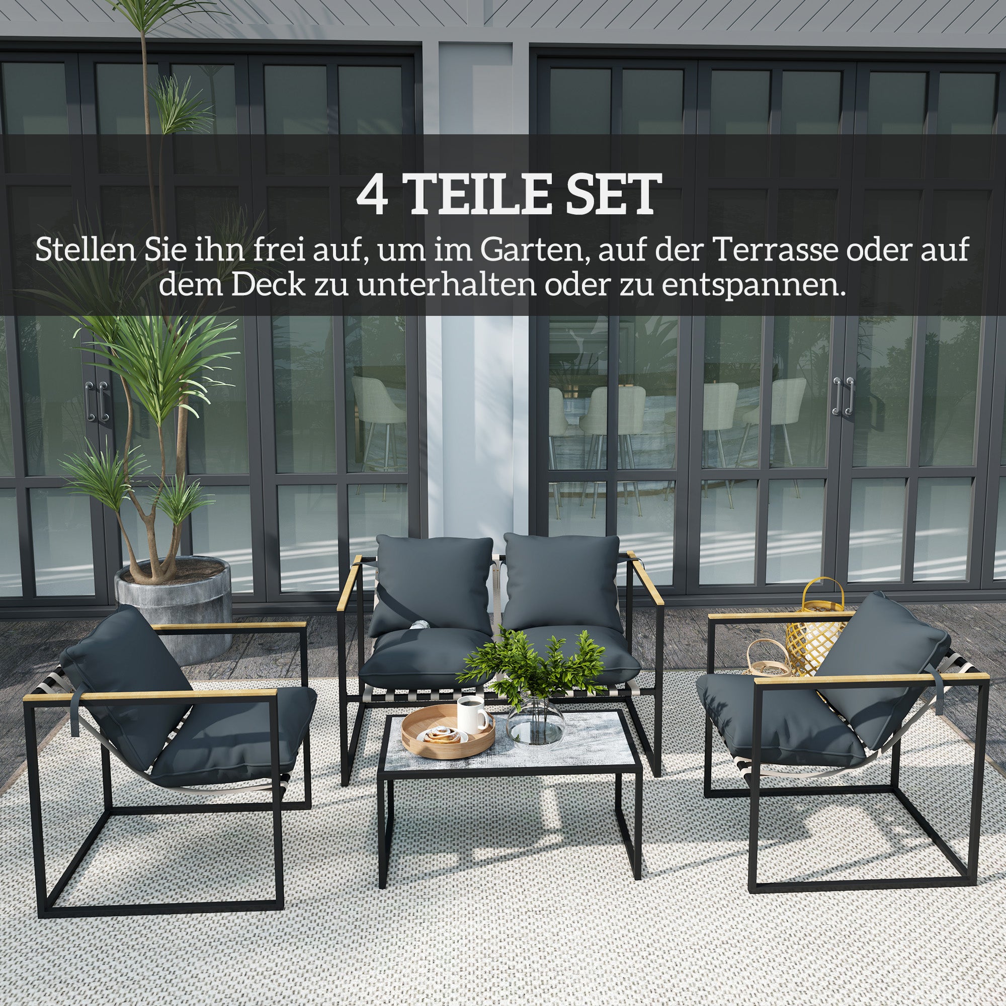 Outsunny 4-teiliges Gartenmöbelset, Outdoor-Möbel-Set, 2 Sessel, 2er Sofa, 1 Tisch, gepolstert, Stahl, Polyester, Grau