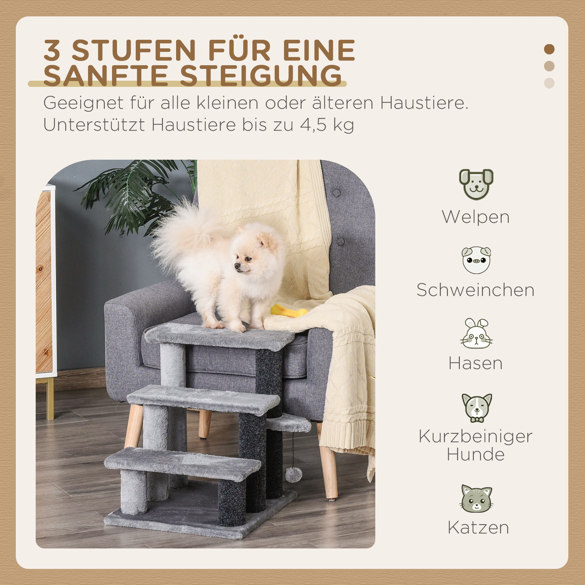 PawHut Katzentreppe 3-stufige Haustiertreppe mit Kratzsäulen Ball Hundetreppe Tiertreppe für Katzen bis 5 kg Plüsch Jute Grau 45 x 40 x 48 cm