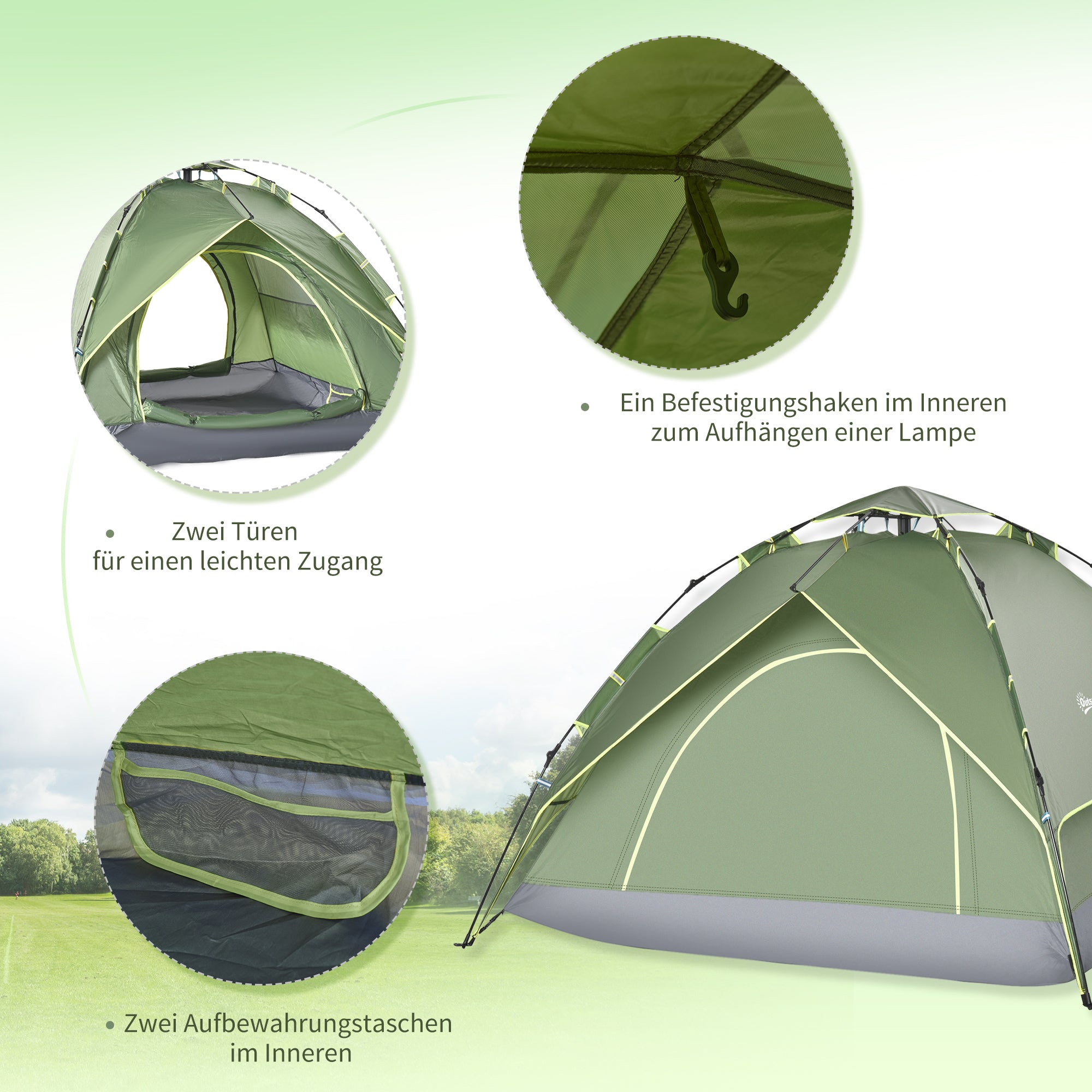 Outsunny Doppelzelt Campingzelt Outdoorzelt Familienzelt Quick-Up-Zelt 2 Erwachsene + 1 Kind 4 Jahreszeiten wasserdicht Tragetasche 2 Türen Polyester + Glasfaser Dunkelgrün 210 x 210 x 140 cm