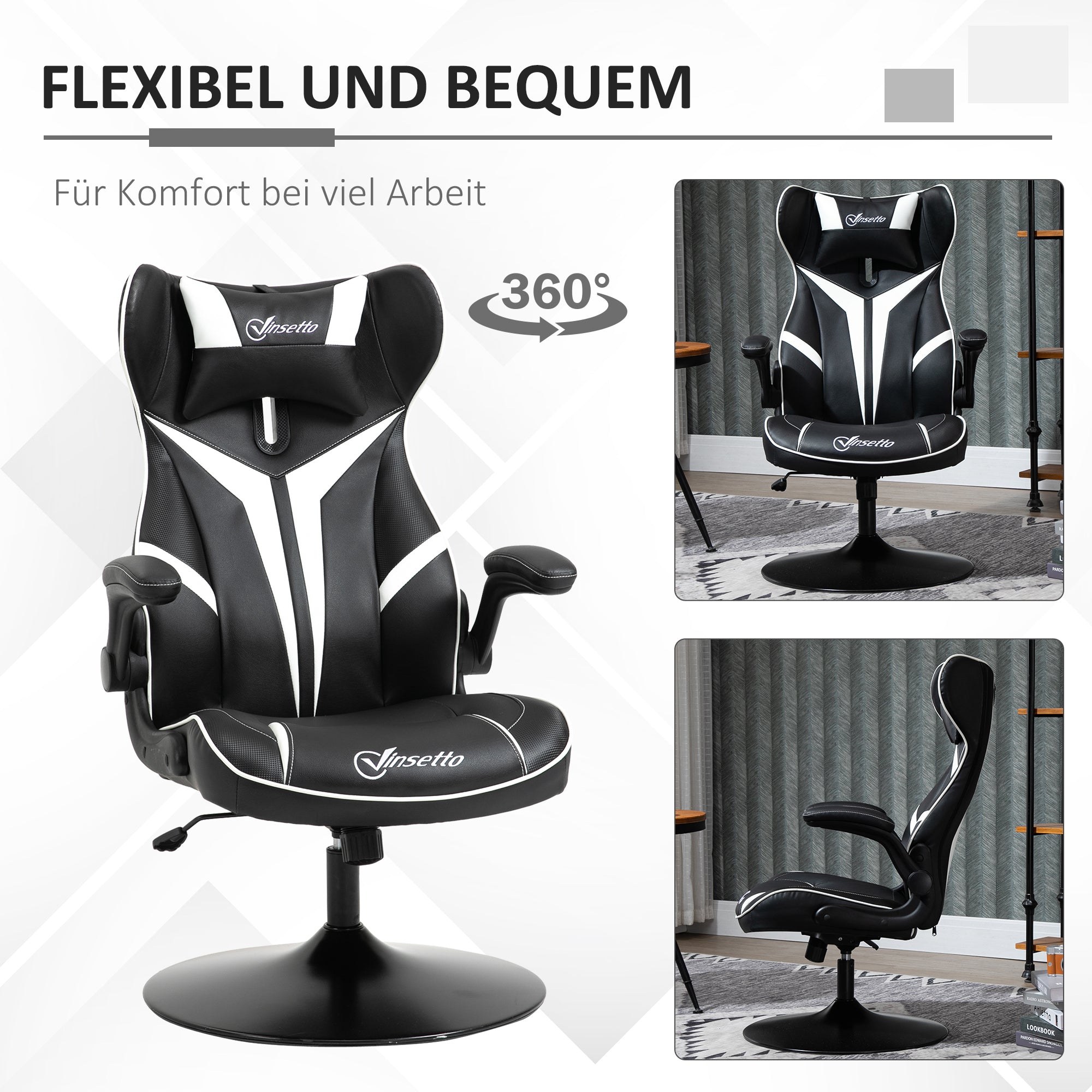 Vinsetto Gaming Stuhl ergonomischer Computerstuhl mit Wippfunktion Drehstuhl höhenverstellbar Stahl Schwarz+Weiß 67 x 70 x 106-112 cm