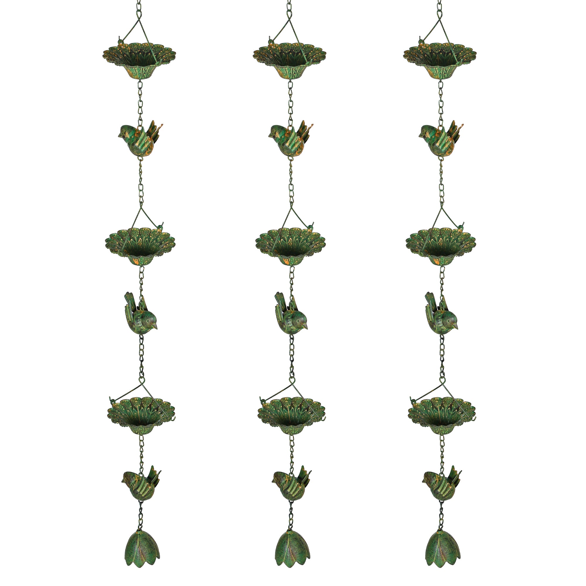 Outsunny 3er Set Regenkette 123cm Regenablaufkette aus Metall Ablaufkette mit befestigtem Aufhänger Vögeln Bell Grün