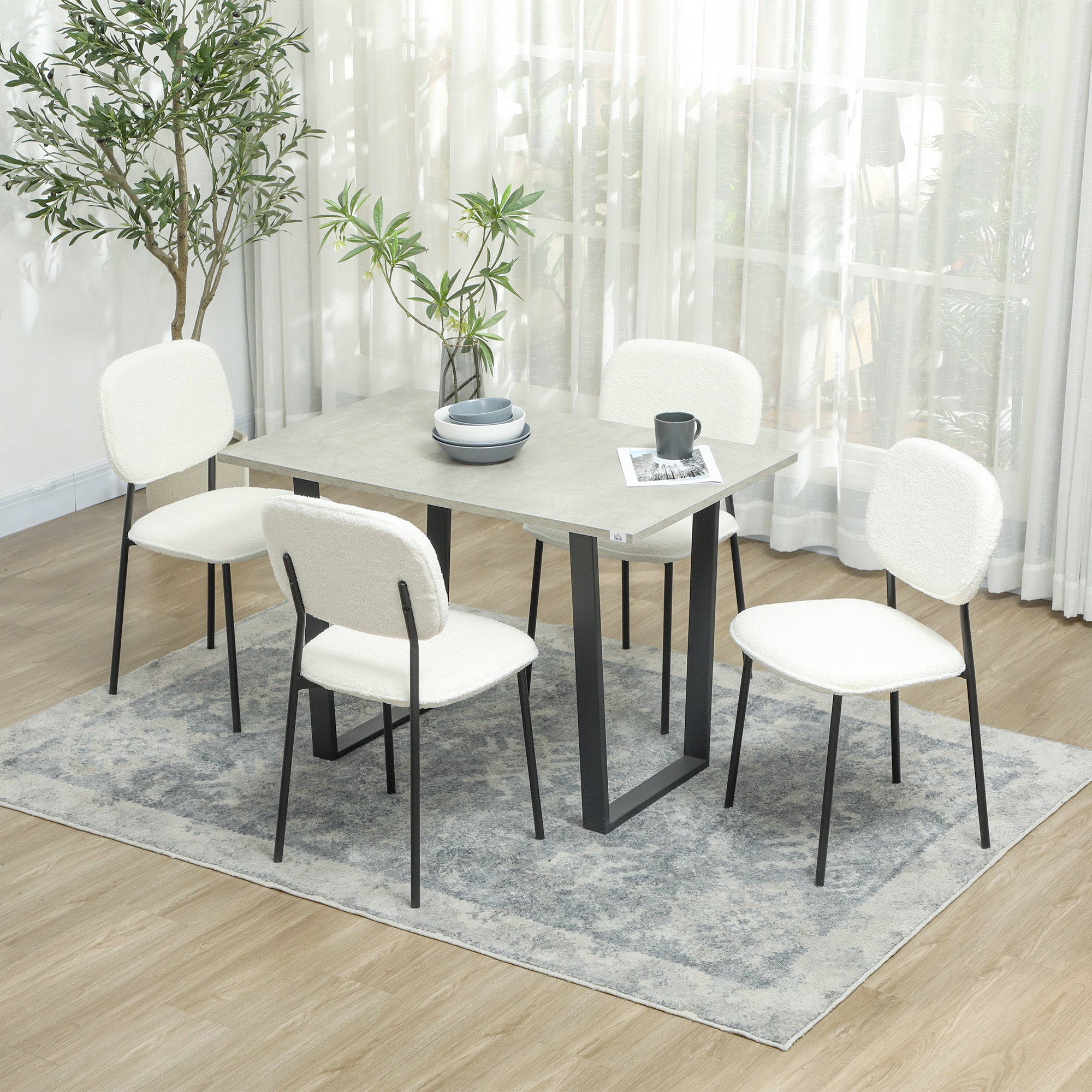 HOMCOM 4er-Set Esszimmerstühle, weicher Stoffbezug, Stahlbeine, armloses Design, Weiß