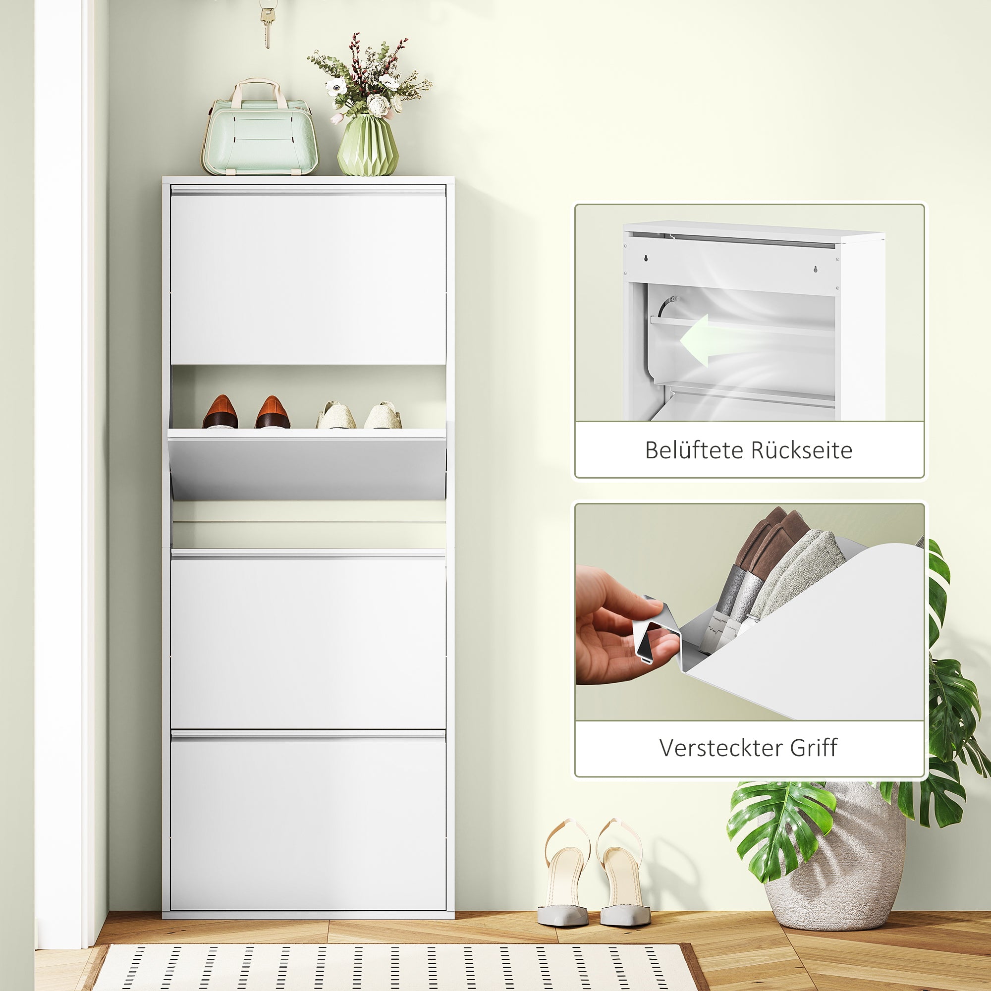 HOMCOM Schmaler Schuhschrank aus Metall für bis zu 8 Paar Schuhe, 4 Kippschubladen, für Flur, Eingangsbereich, Weiß