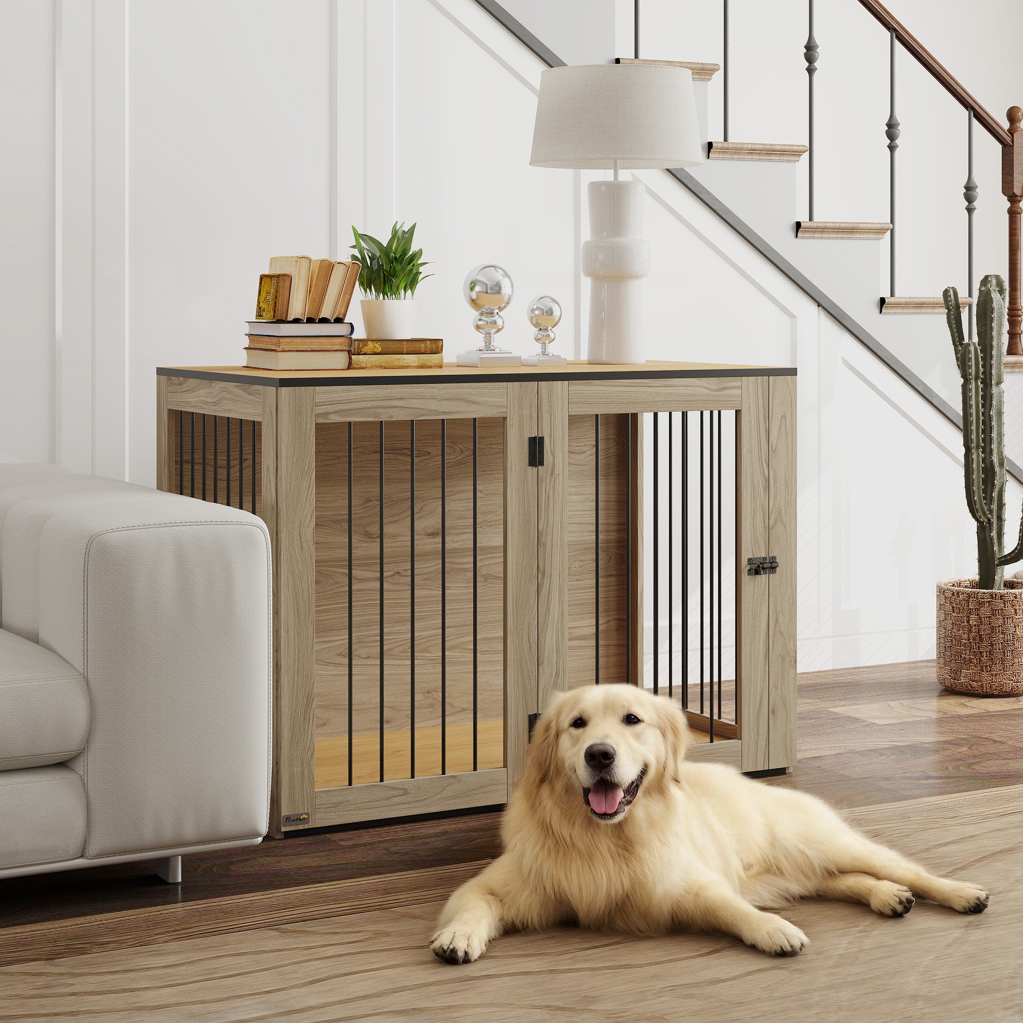 PawHut Hundebox, Haustierbox für große Hunde, Hundehütte, Indoor, 106 x 60 x 76 cm, Eiche