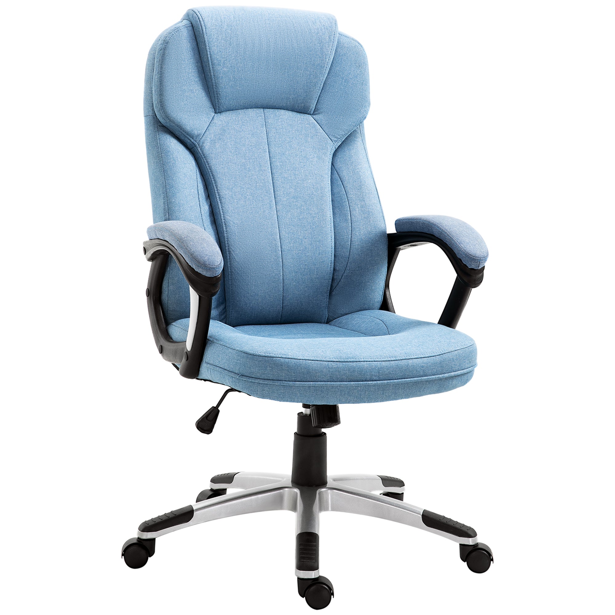 Vinsetto Bürostuhl Computerstuhl Drehstuhl höhenverstellbar Wippfunktion mit Kopfstütze und gepolsterte Armlehnen Ergonomisch Hellblau Leinen 66 x 75 x 110120 cm