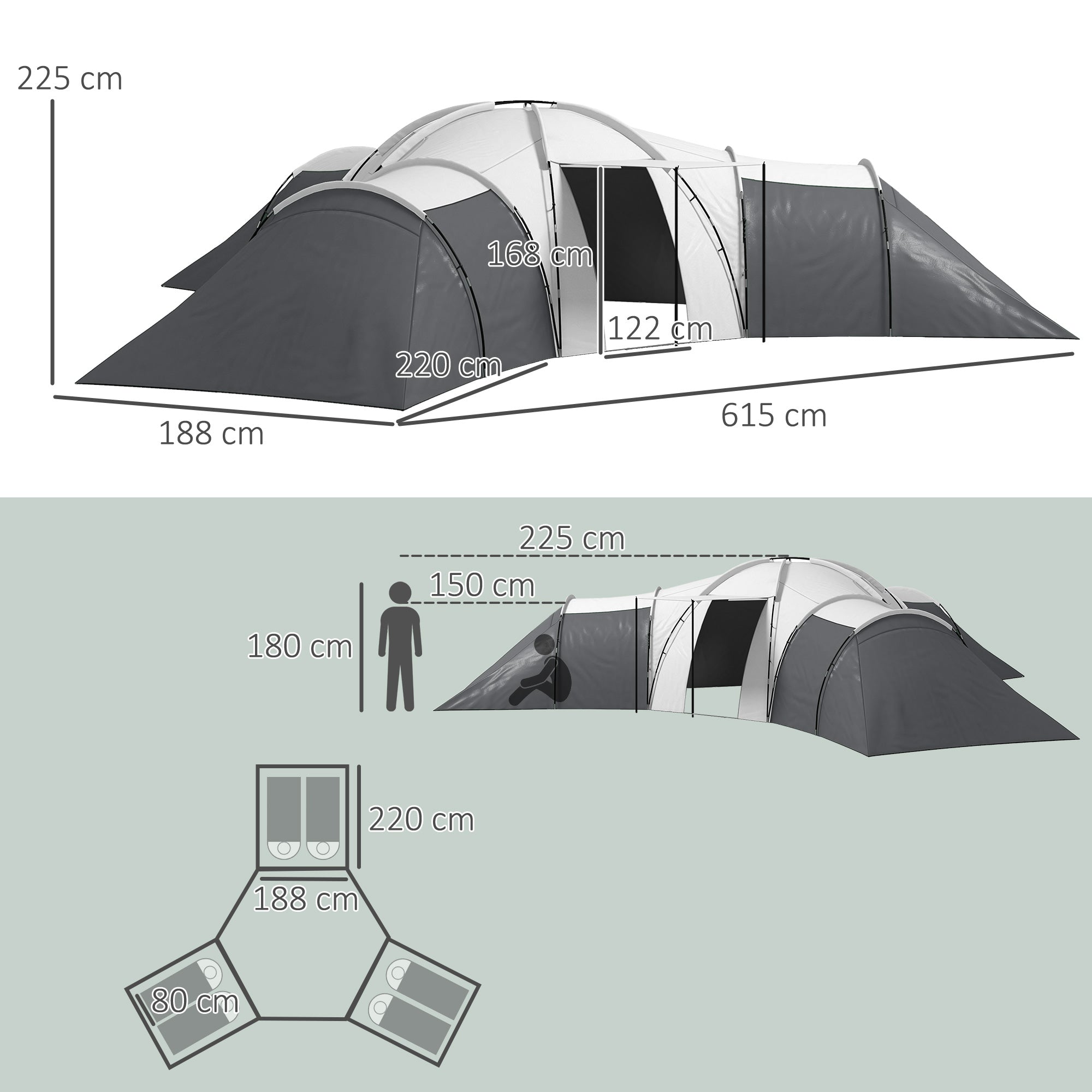 Outsunny Campingzelt für 6-9 Personen, 4 Räume, Vorzelt, wasserdicht, 615x 615x225cm, Grau