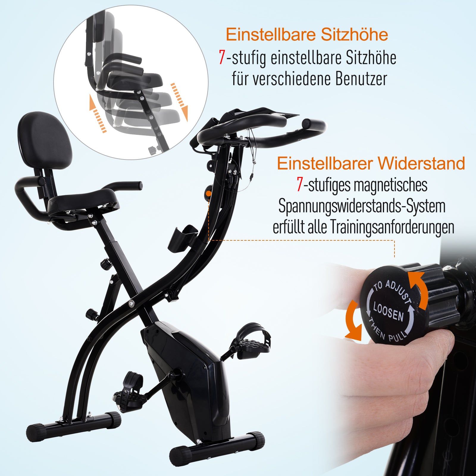 HOMCOM Heimtrainer X-Bike 2-in-1 Fahrradtrainer mit LCD-Display,Pulsmesser, klappbarer Hometrainer Trimmrad mit 8 stufig Magnetwiderstand, 1 Paar Spannseil, Stahl Schwarz 105x48x118 cm