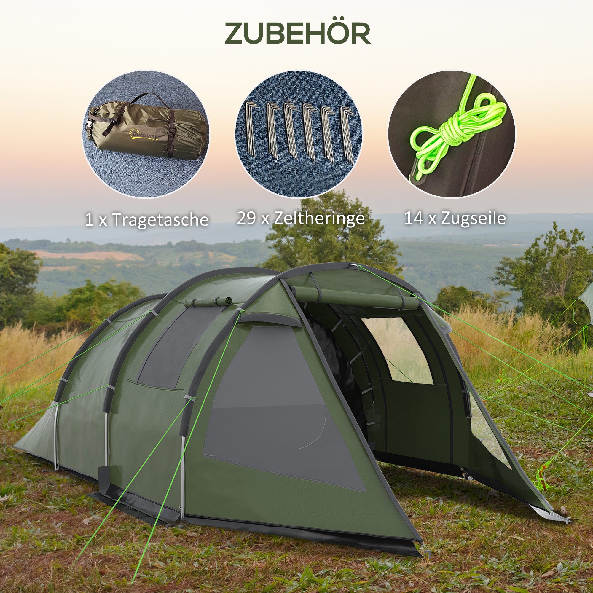 Outsunny Campingzelt für 3-4 Personen, zwei Innenräume, Netzfenster, grün, 4,75 x 2,64 x 1,72 m