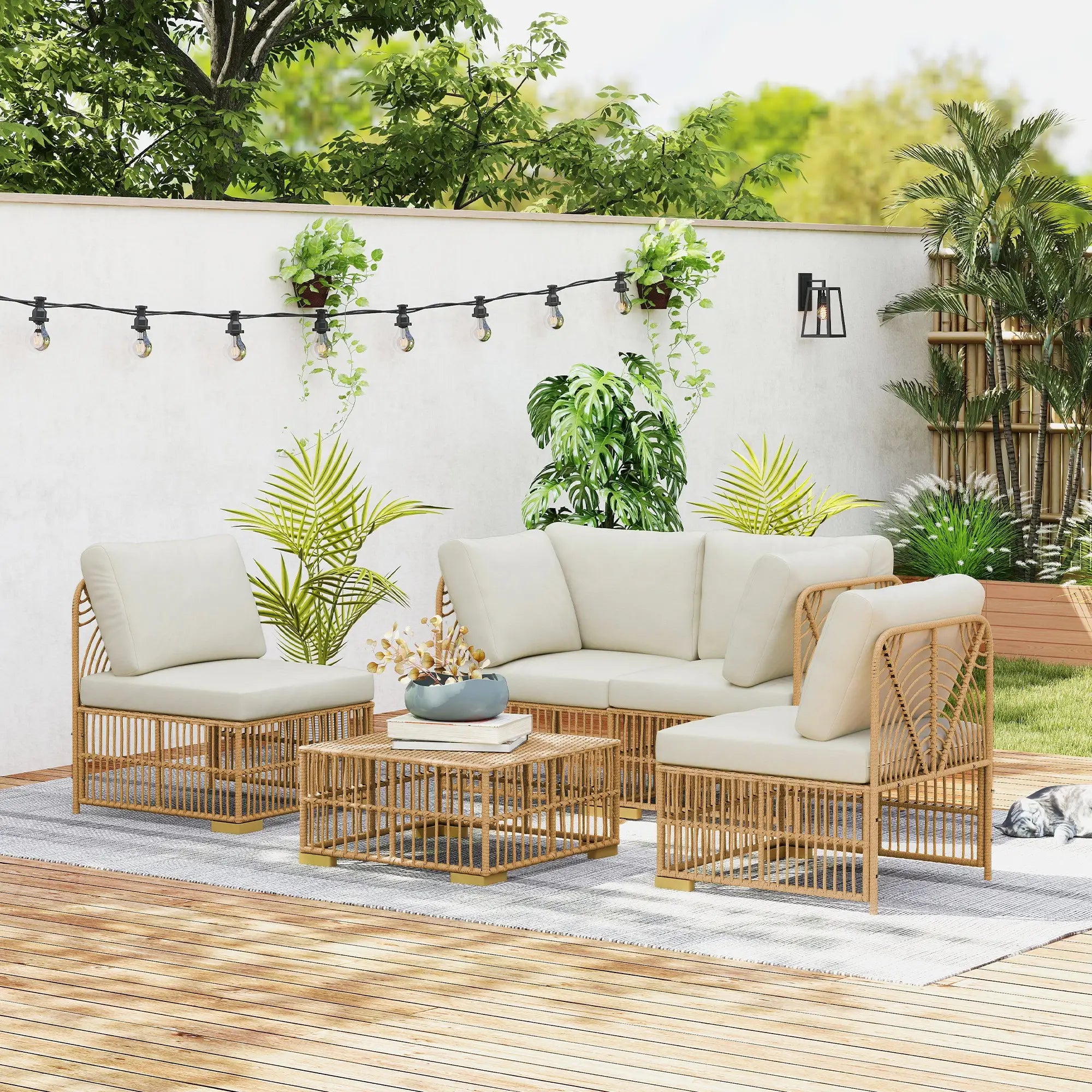 Outsunny Rattan Lounge Set 5-tlg. mit Kissen, wetterfest