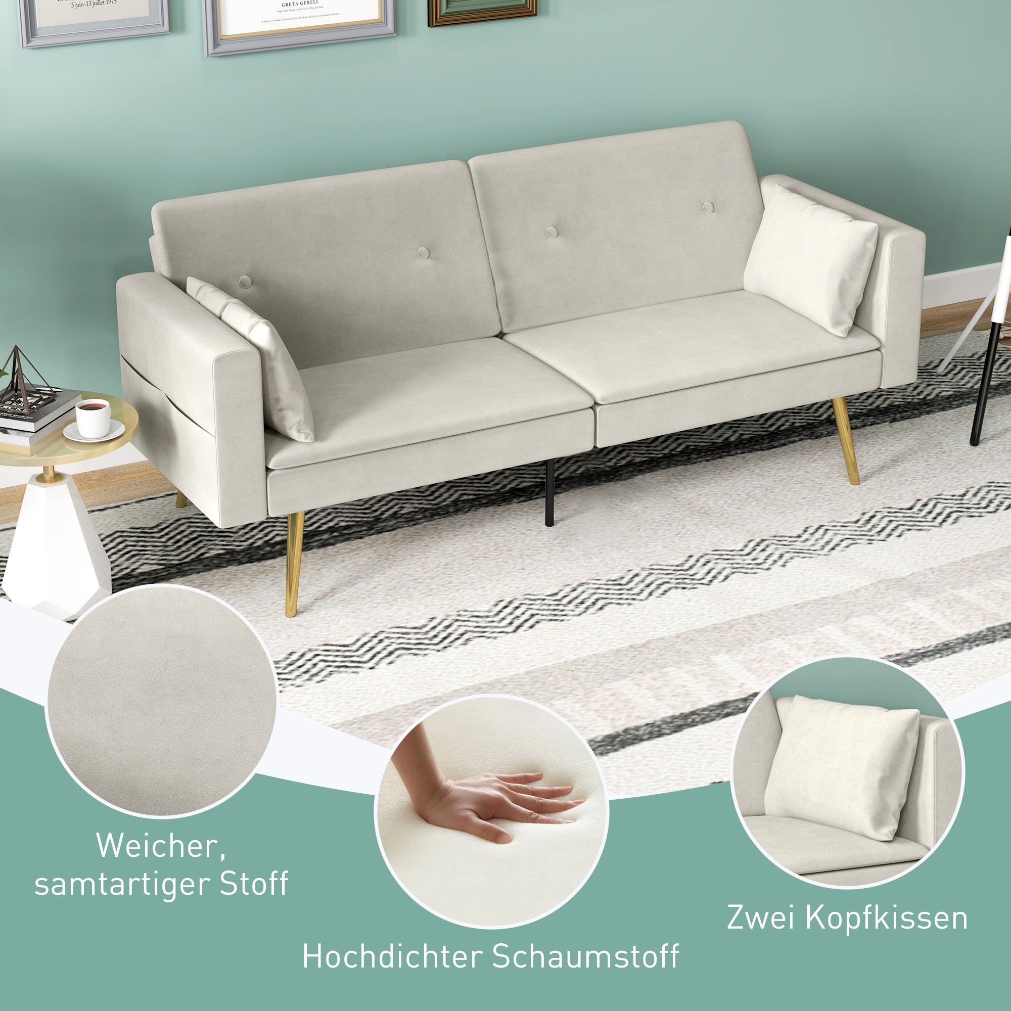 HOMCOM 2-Sitzer Bettsofa, Verstellbare Rückenlehne, weiche Kissen, samtartiger Bezug, für Wohnzimmer, Gästezimmer, Beige