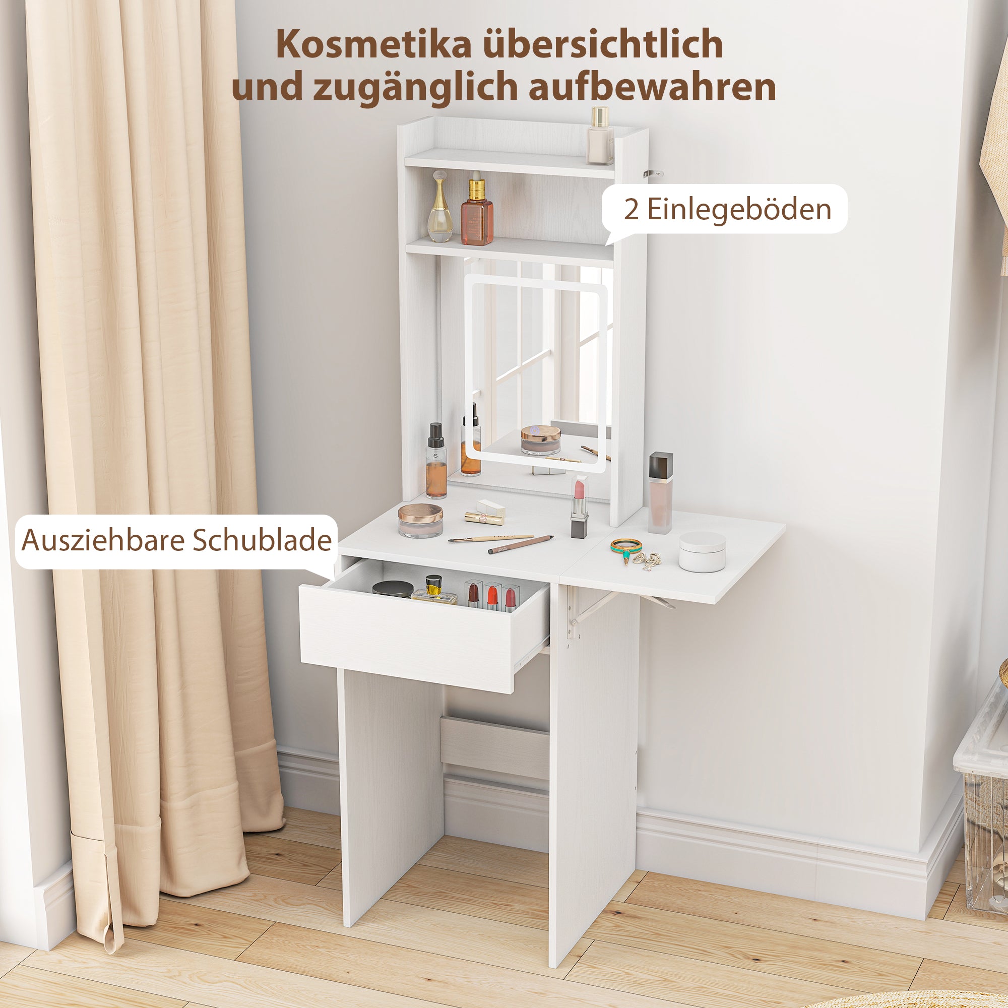 HOMCOM Kompakter Schminktisch mit Spiegel und LED-Beleuchtung, klappbare Tischplatte, offenere Regale, Schublade, MDF, Weiß