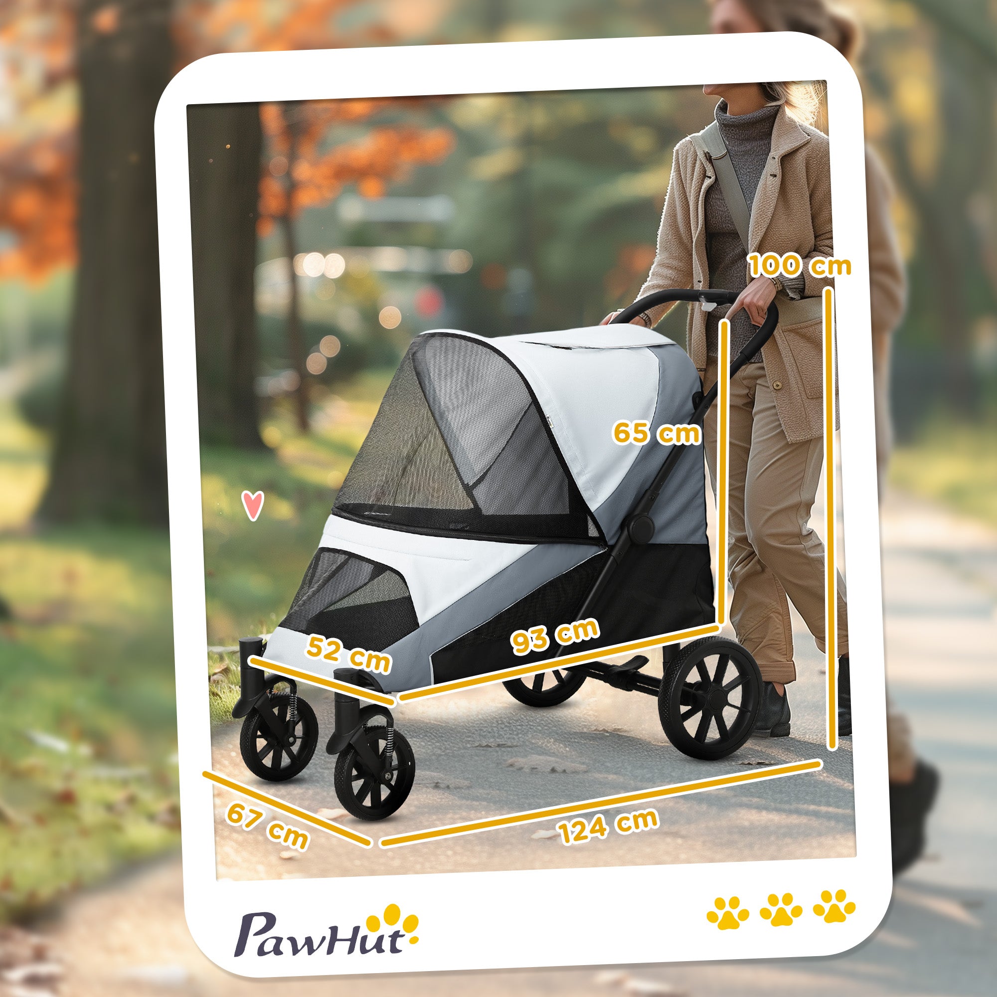 PawHut Hundewagen, Faltbarer Hundebuggy für große Hunde, Haustierwagen mit 4 Rädern, Sicherheitsleinen, Bremsen, Grau