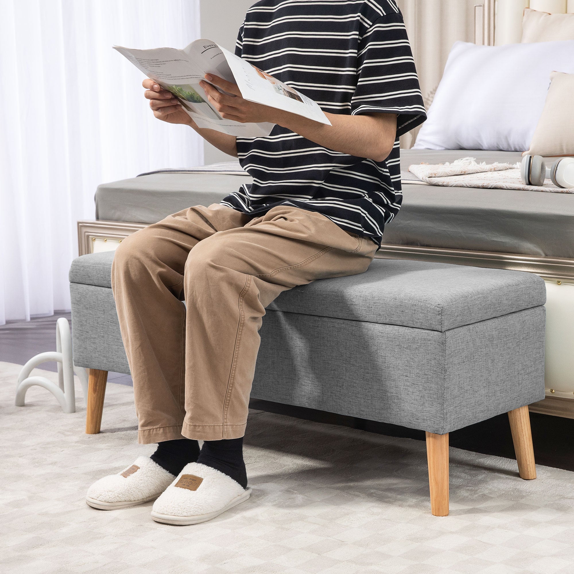 HOMCOM Polsterbank mit Stauraum, Bezug in Leinenoptik, Kautschukholzbeine, bis 220 kg, 110x39x45cm, Grau