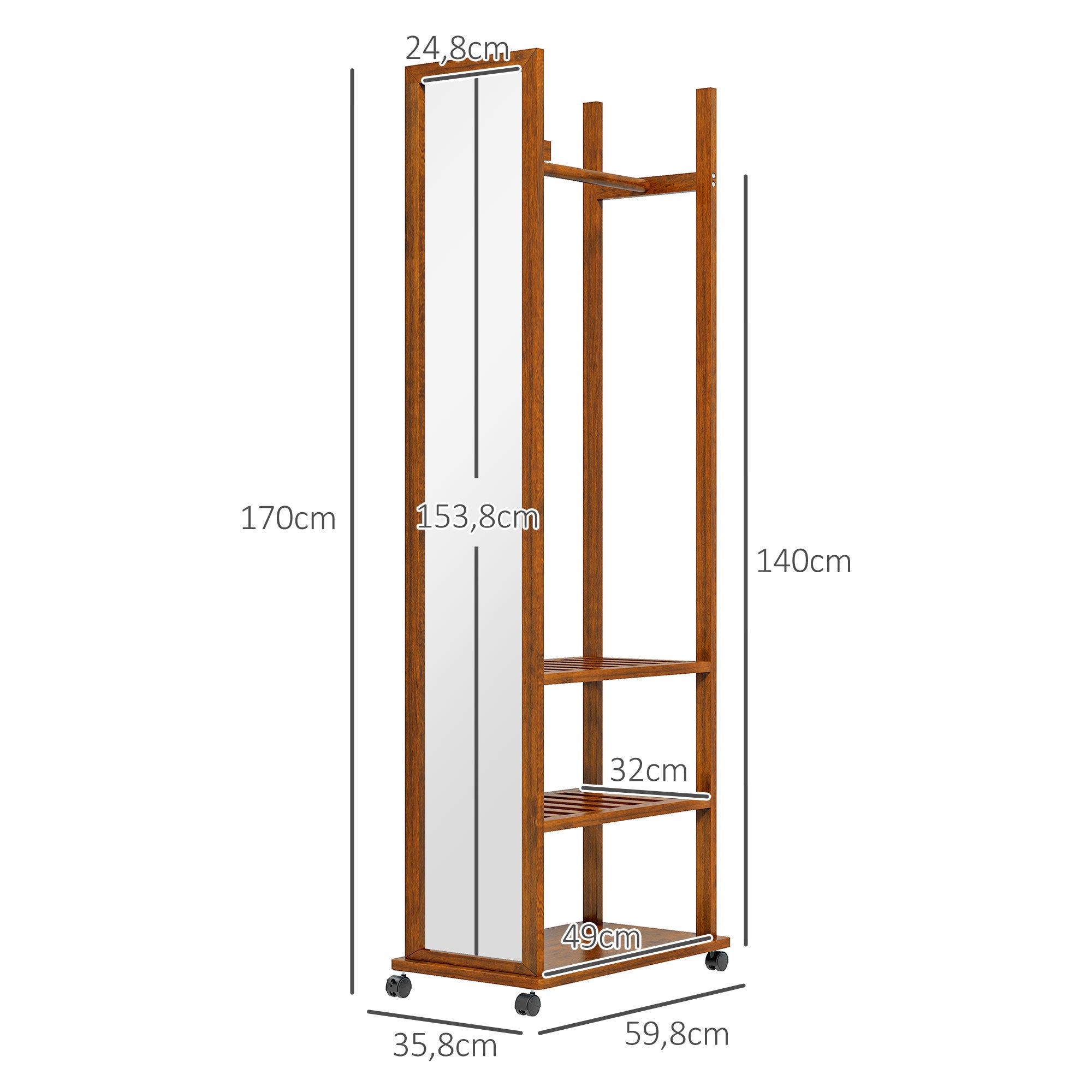 HOMCOM 2-in-1-Spiegel Spiegel Ganzkörperspiegel Garderobe, 1 Kleiderstange, 3 Regale, 35,8 x 59,8 x 170 cm, Natur