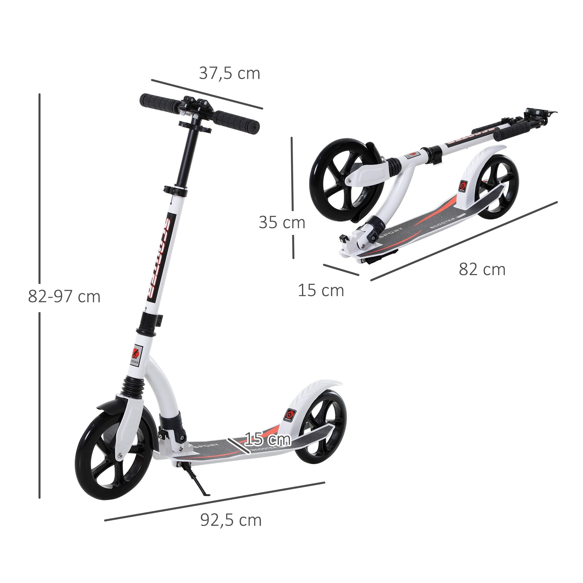 HOMCOM Kinderscooter, Kickscooter mit Stoßdämpfung, Tretroller, Klappbar und Höheverstellbar, ab 14 Jahren, Aluminium, Weiß, 92,5 x 37,5 x 82-97 cm