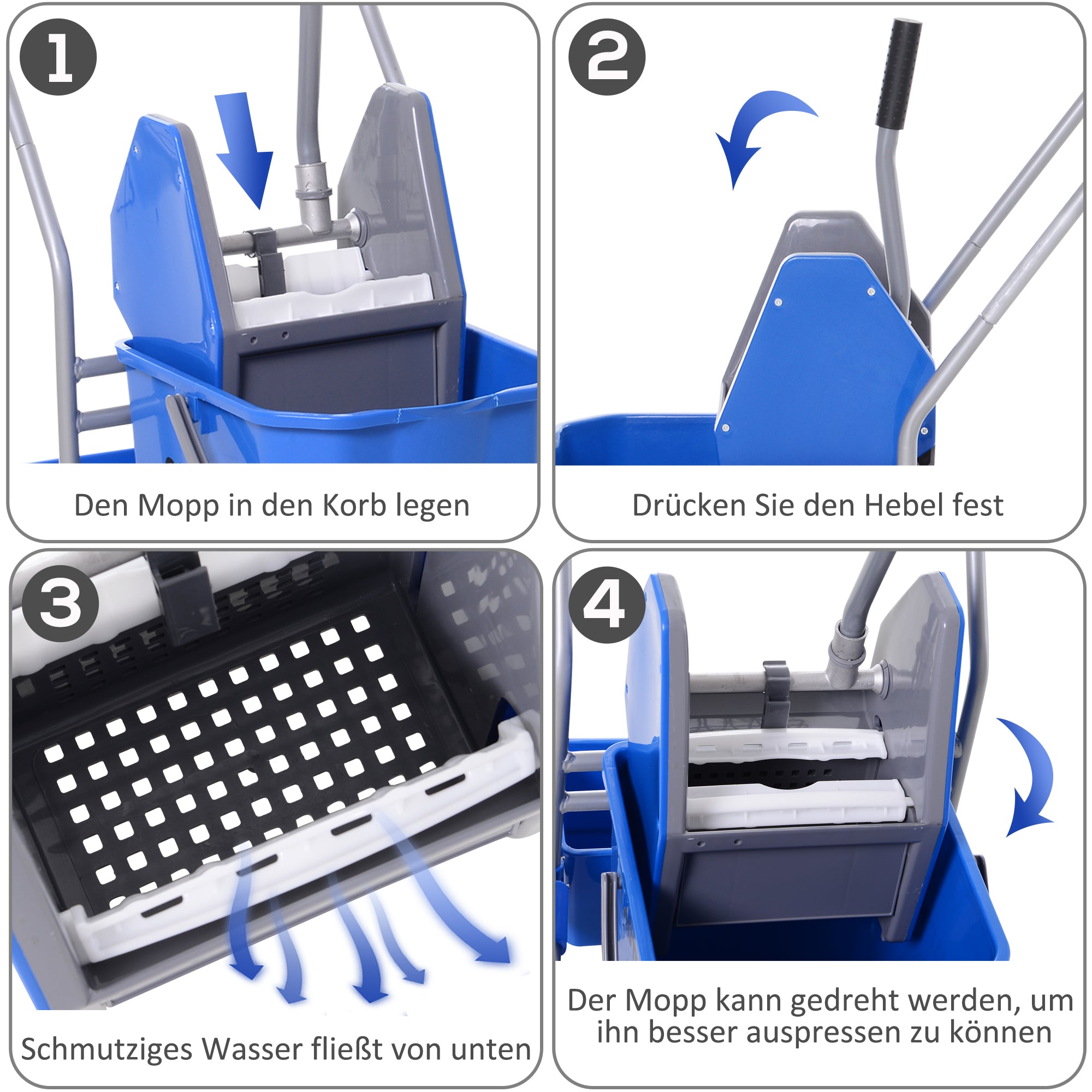HOMCOM Reinigungswagen, Moppwagen, 25 L Fassungsvermögen, 4 Räder, Kunststoff, Blau