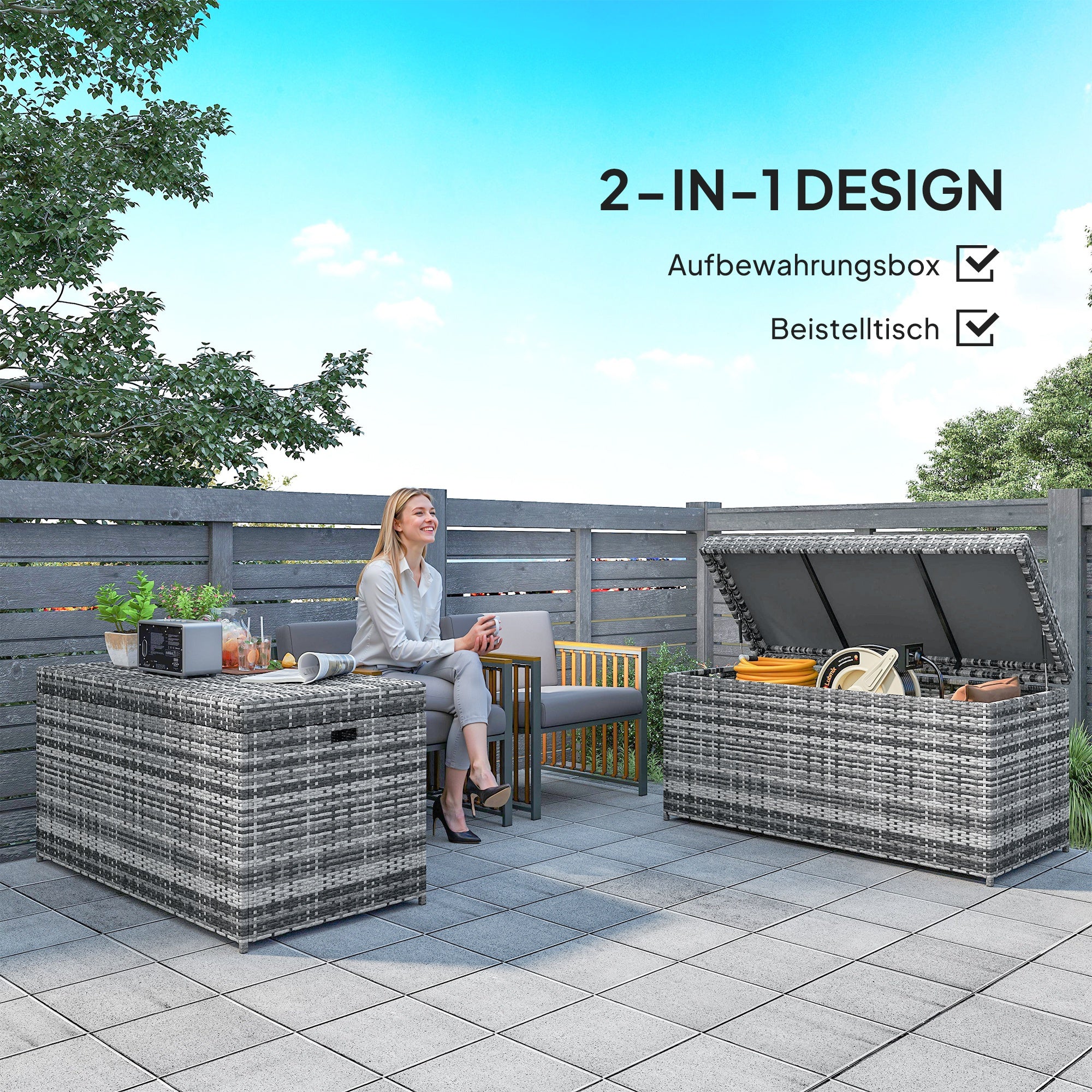 Outsunny Rattan Auflagenbox 380L wetterfest Kissenbox mit Deckel Stauraum UV-beständig 130 x 61 x 65 cm Dunkelgrau