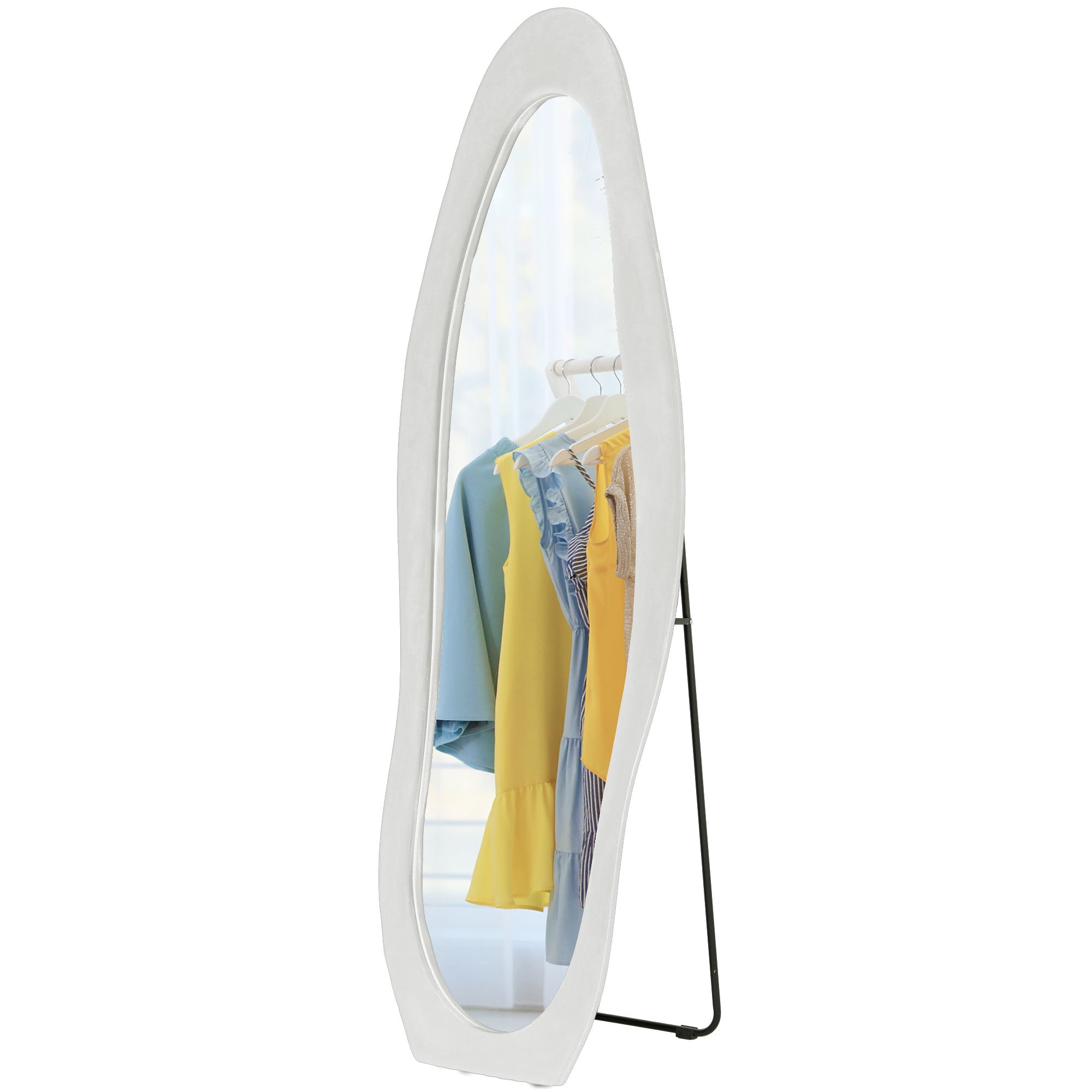 HOMCOM Ganzkörperspiegel, wellige Form, 160 x 50 cm, freistehend, samtartiger Rahmenbezug, Schlafzimmer, Wohnzimmer, Weiß