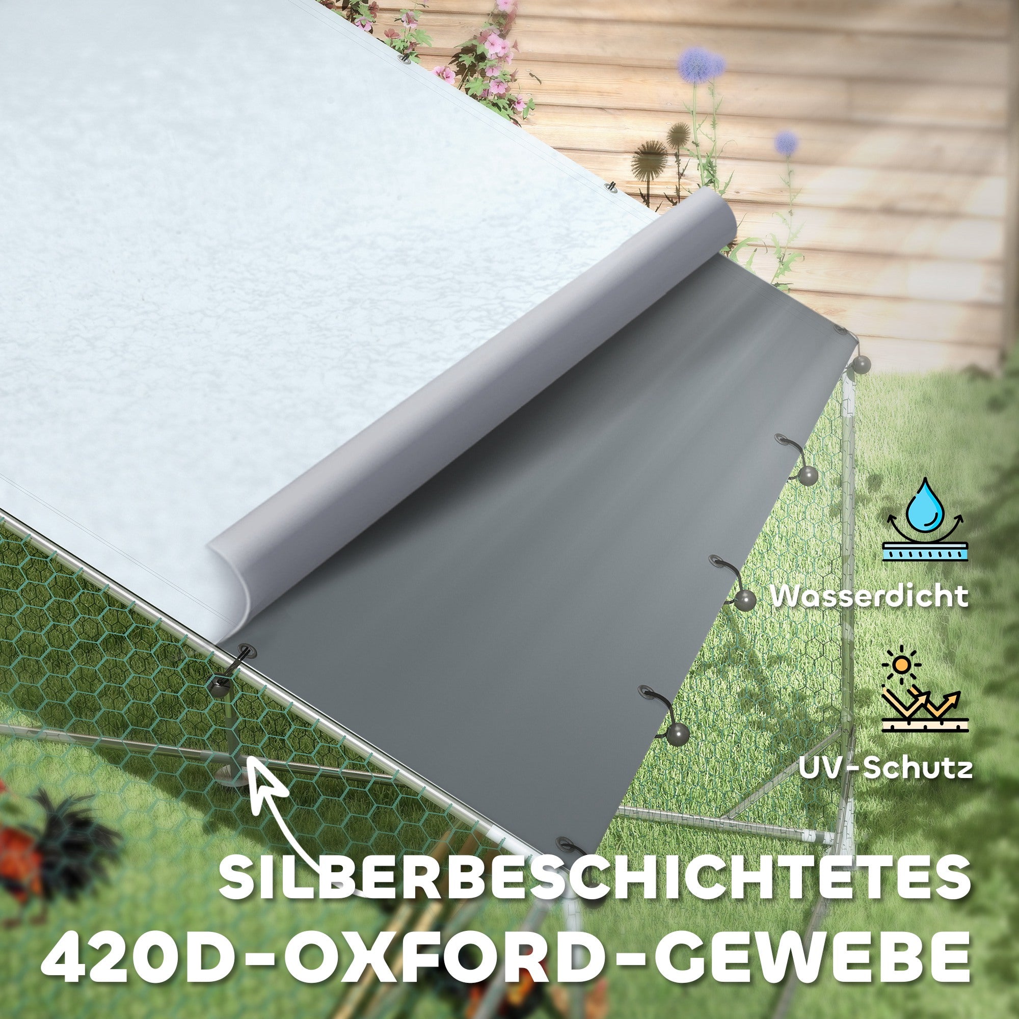 PawHut Hühnerstall, Freilaufgehege für Hühner, mit UV-beständiger Plane, Stahlgitter, Futterautomat, für 12-18 Hühner