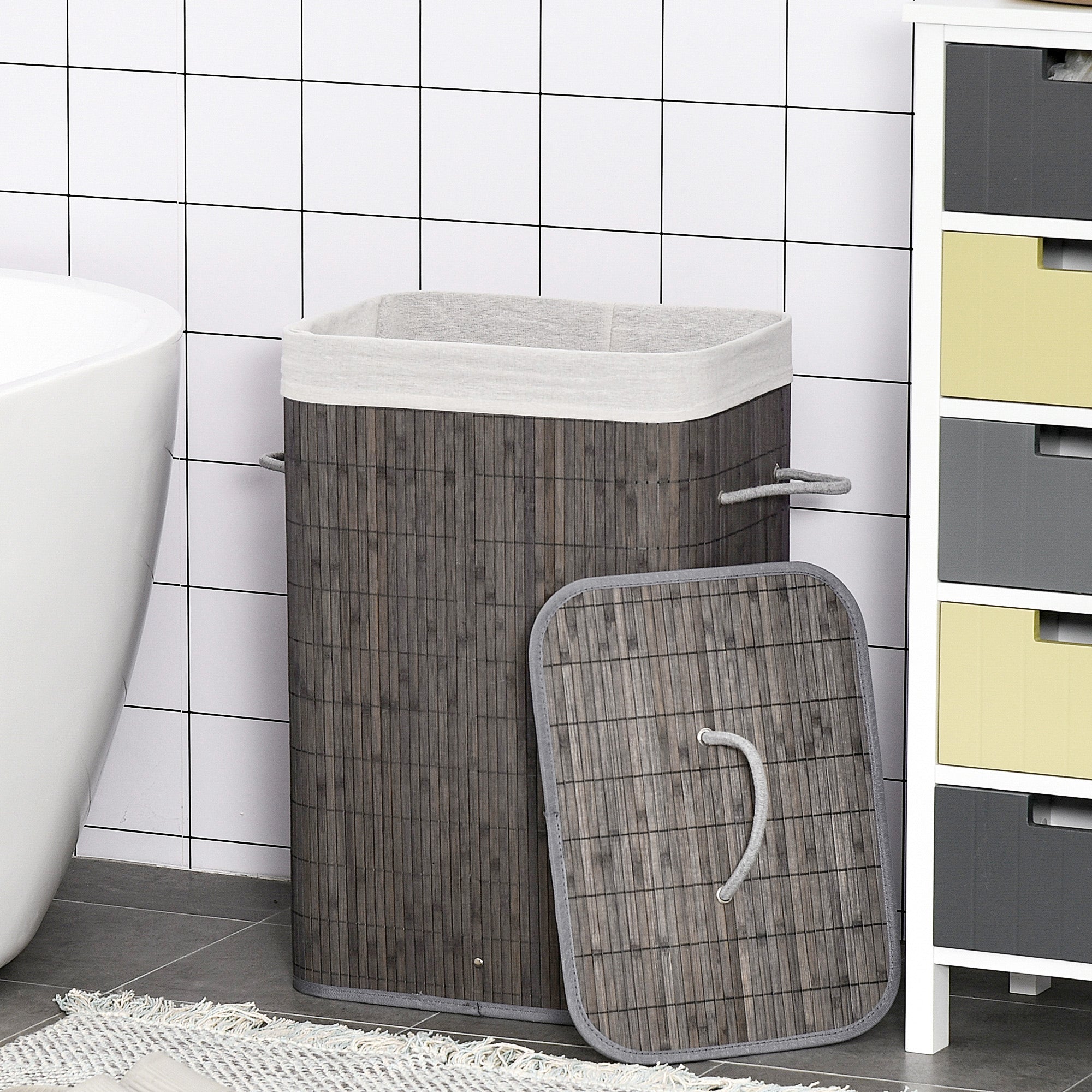 HOMCOM Wäschekorb mit Griffen und waschbarem Wäschesack, Rattan, Polyester, Baumwolle, Metall, 43L x 32B x 61H cm, Grau