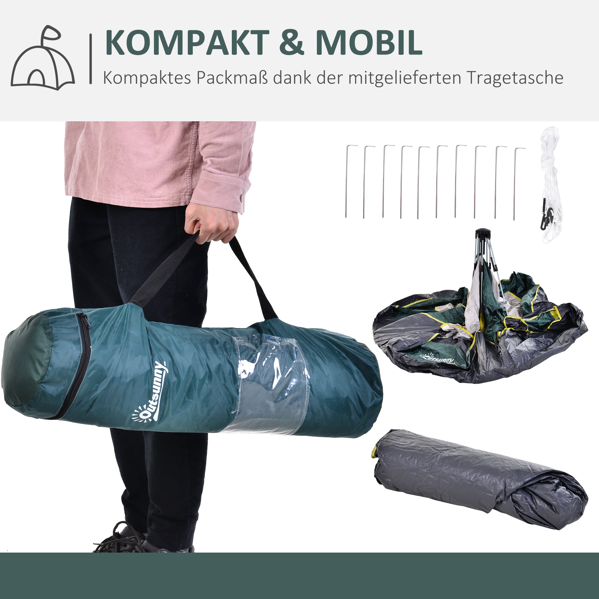 Outsunny Campingzelt für 3 Personen Pop-up Kuppelzelt mit Fenster, Packtasche, Haken, Bodenplane, Familienzelt mit 1000mm Wassersäule Zelt für Camping Reise Trekking Garten