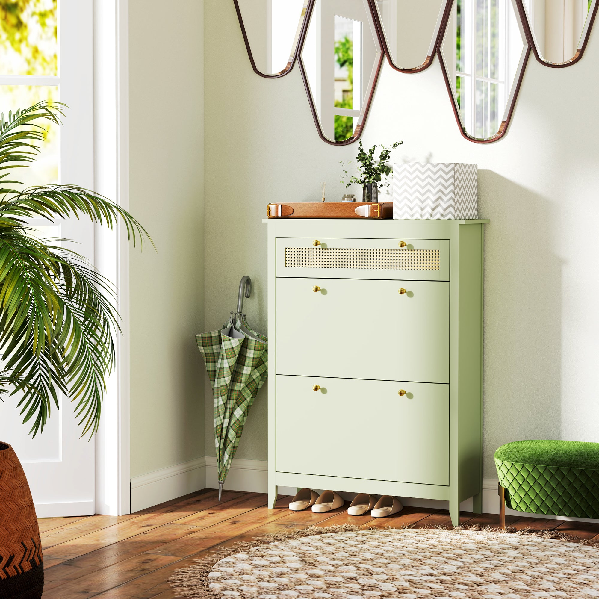 HOMCOM Schuhschrank für 12 Paar Schuhe, mit 1 ausziehbaren Schublade, 2 Flip-Schubladen, Schuhkommode, 88 x 30 x 120 cm, Grün