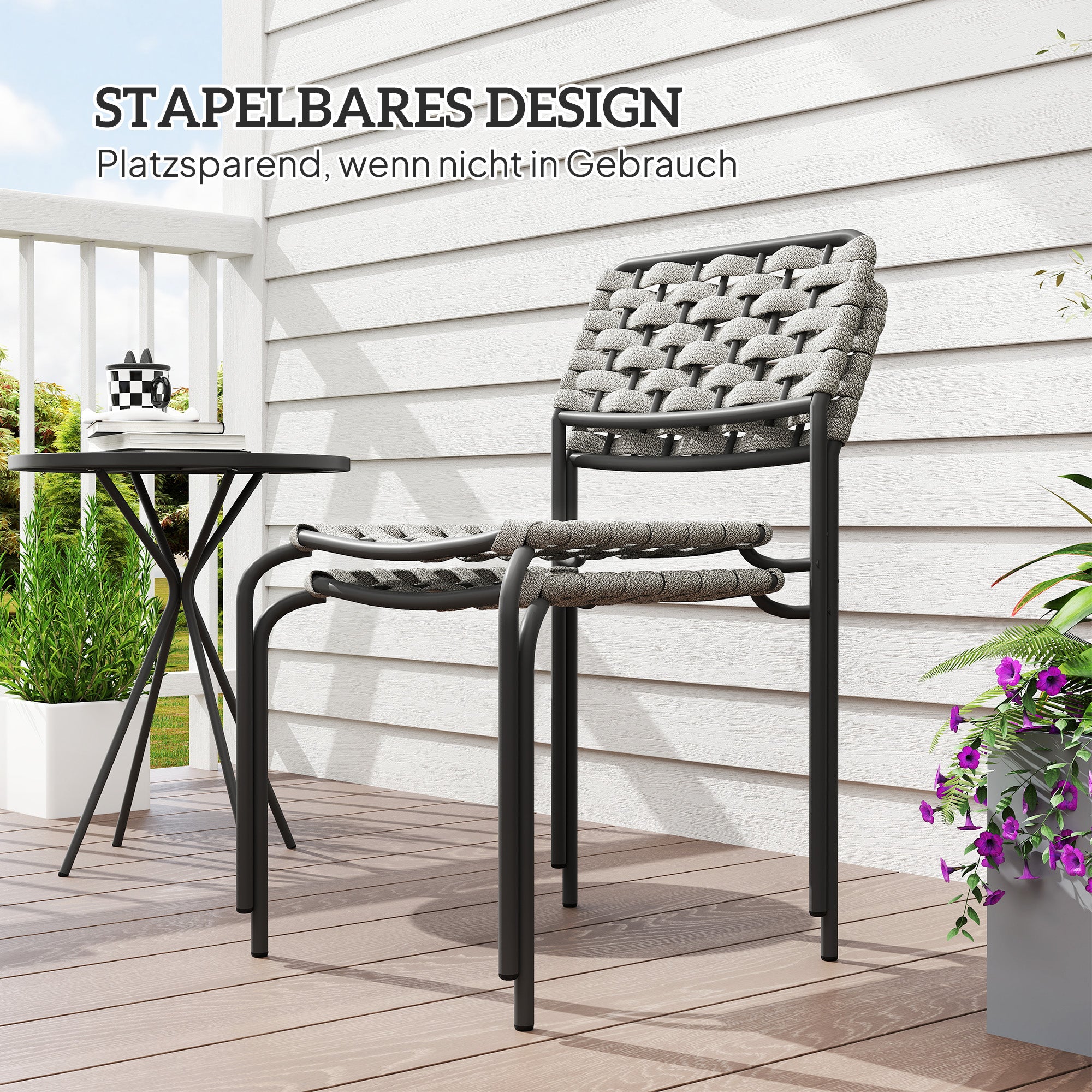 Outsunny Polyrattan Gartenmöbel Set, Outdoor Lounge Balkonmöbel für 2 Personen, 3-teilig 2 Stühle, Tisch Grau