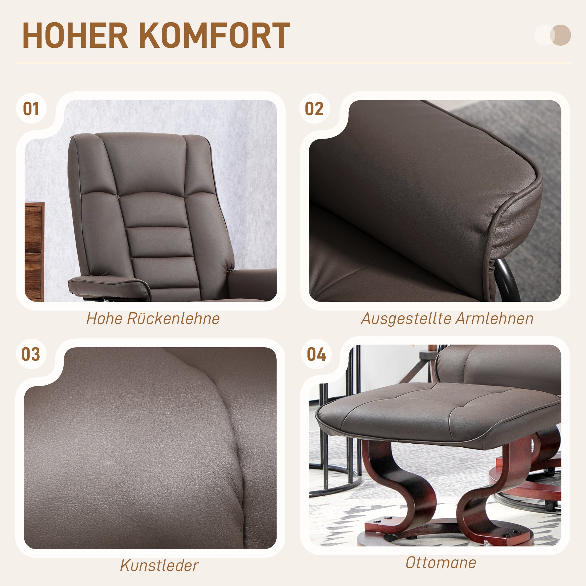 HOMCOM Relaxsessel mit Hocker, drehbar & neigbar, Kunstlederbezug, bis 150 kg, Holzgestell, Braun