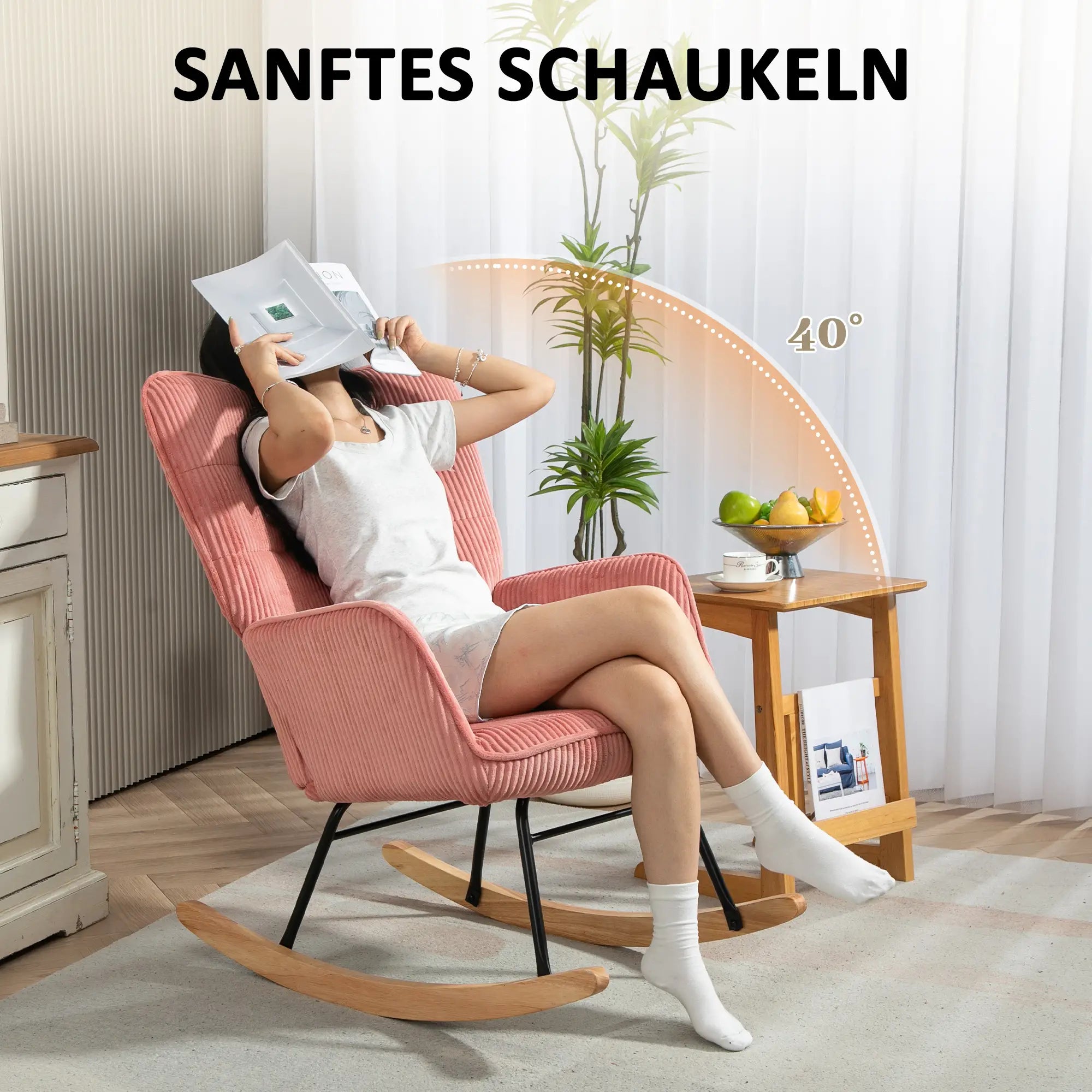 HOMCOM Schaukelstuhl, Relaxsessel, Schaukelsessel, belastbar bis 120 kg, Polyester, 98 x 71 x 101 cm, Rosa